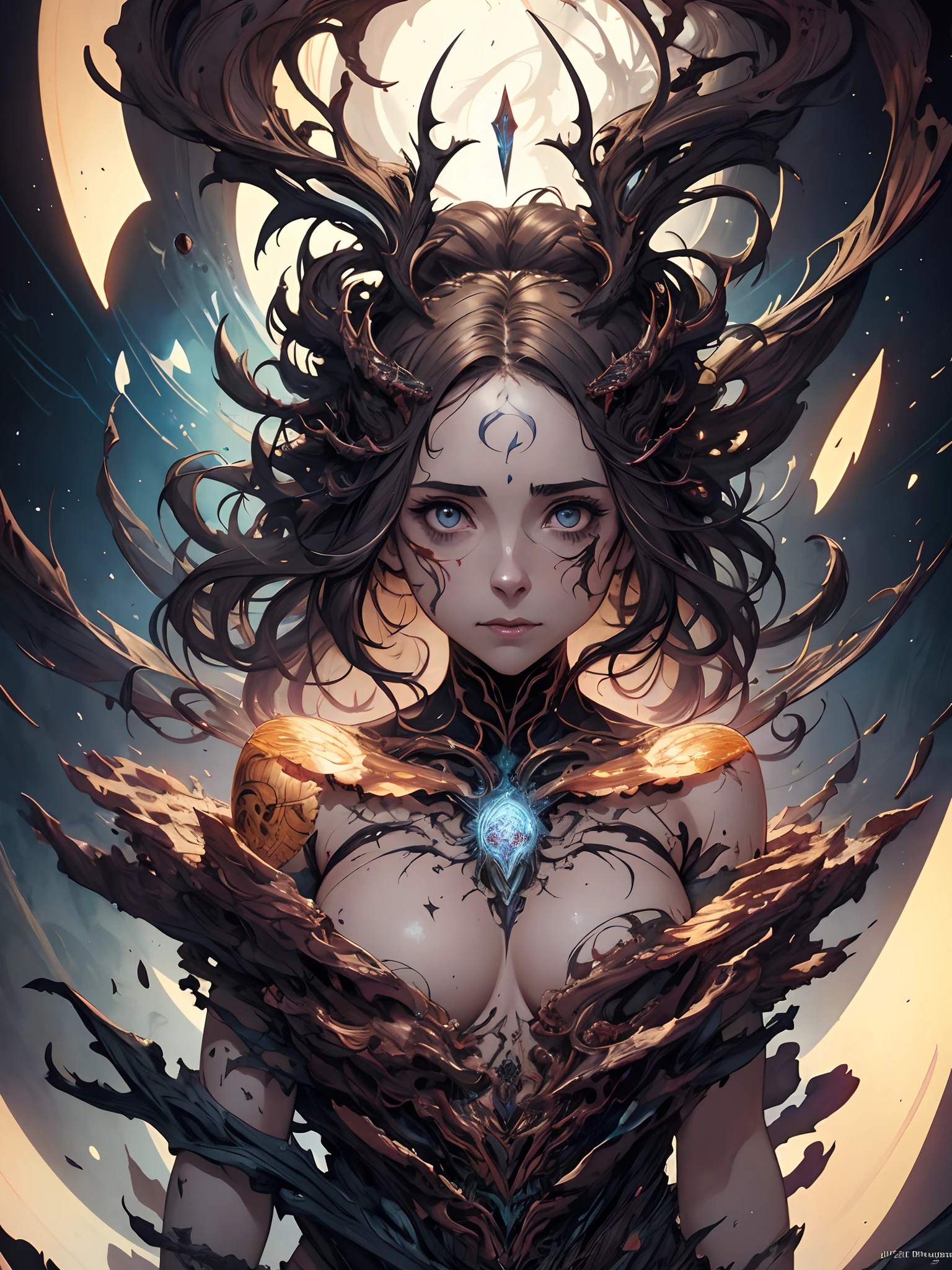 (Alison Brie:Emmy Rossum), powerful sorceress,tribal tattoo, messy hair, Full body, Beautiful anime waifu style girl,hyperdetailed painting, luminism, art by Carne Griffiths and Wadim Kashin concept art, dark background, abstract beauty, approaching perfection, pure form, golden ratio, minimalistic, dark atmosphere, unfinished, concept art, by Brian Froud and Carne Griffiths and Wadim Kashin and John William Waterhouse, intricate details, 8k post production, high resolution, hyperdetailed, trending on artstation, sharp focus, studio photo, intricate details, highly detailed, by greg rutkowski