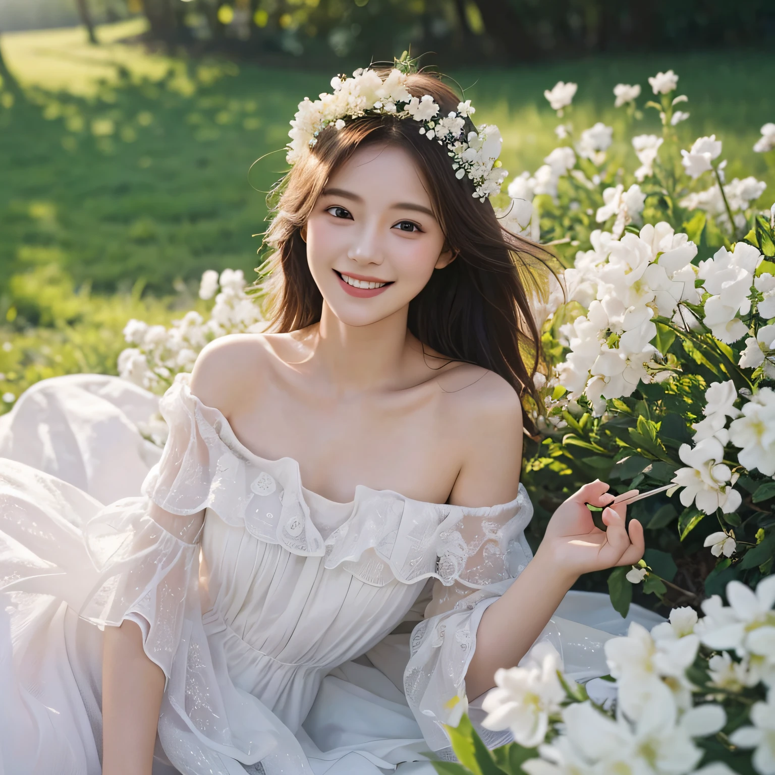 Best quality, masterpiece, ultra high res, (photorealistic:1.4), raw photo, 1girl, white dress, off shoulder, blossom flower field, glowing skin, light smile