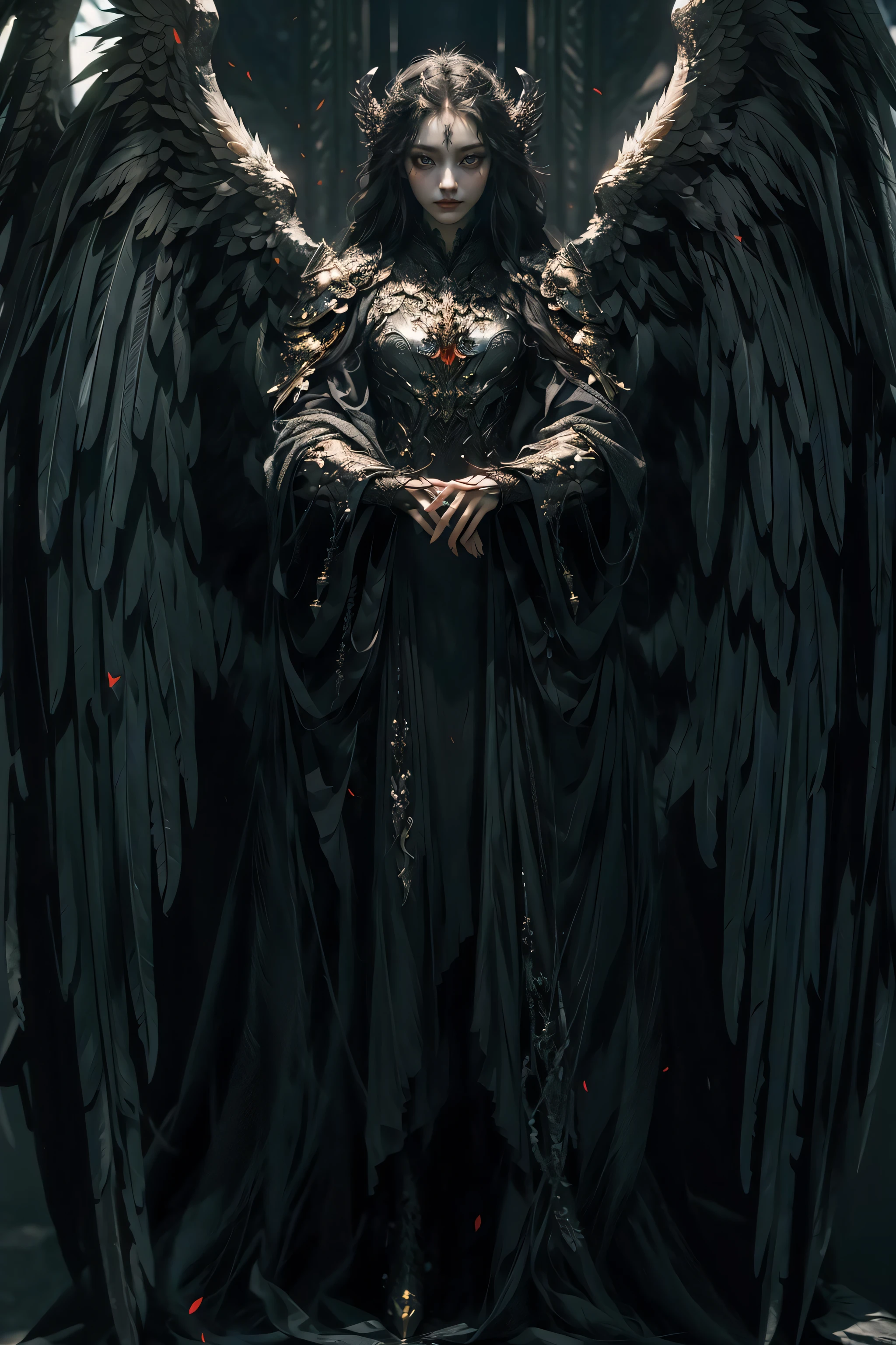 (extremely detailed CG unity 8k wallpaper,masterpiece, best quality, ultra-detailed, beautiful detailed eyes:1.2),best illumination, (best shadow, an extremely delicate and beautiful, bloom),
1gril,solo,red eyes,Heavy armor,long hair,holding sword,Angel wings,black wings,red jewelry,(big wings:1.4),Film filter,Satan, Hellfire,full body,demon,flame,