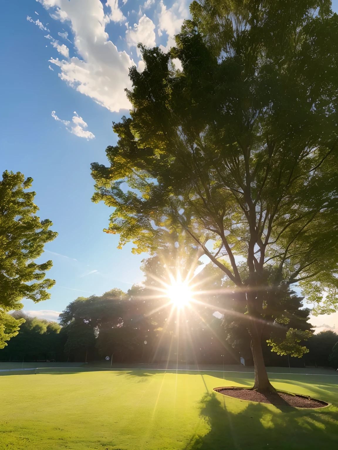 (Photorealistic), (Ultra-realistic), (hyper HD), (hyper-high detail), Midsummer sun, (The sun is high), Very blue sky, Lawn surrounded by trees, Draw the sun in the middle of the campus, No one is here, No Man, (Close-up of the sun)