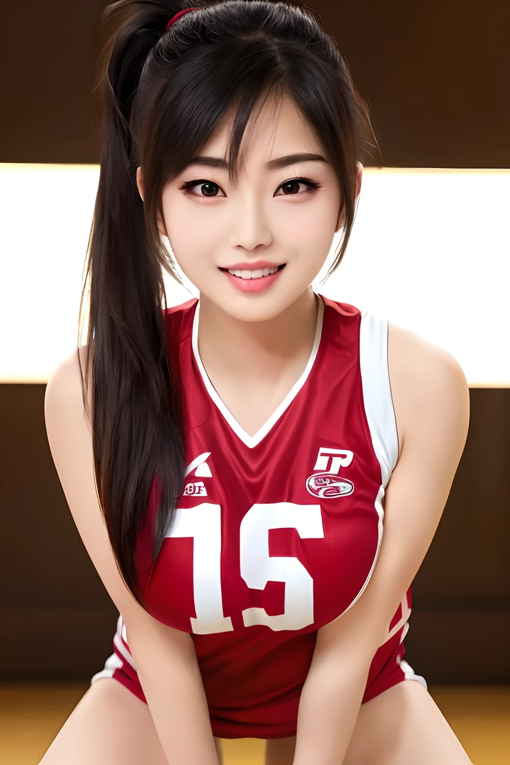 a big breast chinese girl,Female volleyball player,  Volleyball hall, natural  lightting, Best quality ,Masterpiece, illustration, An extremely delicate and beautiful, Extremely detailed ,CG ,Unity ,8K wallpaper, Amazing, finedetail, Masterpiece,Best quality,offcial art,Extremely detailed Cg Unity 8K wallpaper,absurderes, unbelievable Ridiculous, hugefilesize , Ultra-detailed, A high resolution, Extremely detailed, Beautiful detailed girl, Extremely detailed eyes and face, Beautiful detailed eyes, (RAW photo, Best quality), (Realistic, photo-realistic:1.3), light in face, full bodyesbian, full body shot of,  Volleyball uniform,  Wearing the number 9 shirt, ((Triangular faces)), (Light brown hair:1), Long hair, (Save the eyes),((Puffy eyes)), (((Small breasts))), ((Fantasy breasts)), (Kpop idol), pony tails,  Open her clothes,revealing breasts,See the breasts,See the nipple,Robust body,Sexy and robust,Detailed abs,Detailed muscle lines,Detailed ,teat,dynamicposes,Greasy body,sweating body,, ((posing on a)), (Smiling), cheerfulness, view the viewer, facing front