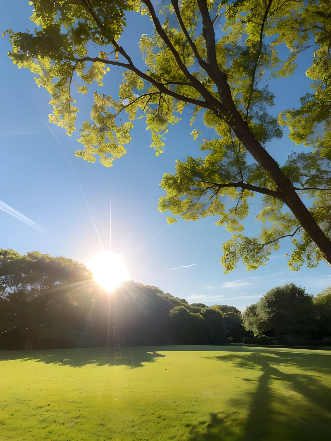 (Photorealistic), (Ultra-realistic), (hyper HD), (hyper-high detail), Midsummer sun, (The sun is high), Very blue sky, Lawn surrounded by trees, Draw the sun in the middle of the campus, No one is here, No Man, (Close-up of the sun)