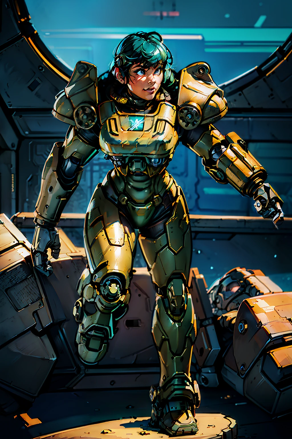 a cartoon picture of a woman in a futuristic suit with a gun, sexy, professional artwork, detailed eyes, beautiful eyes, beautiful face, flawless face, gorgeous face, smooth features, blush, thick thighs, beautifully detailed background, sci-fi, science fiction, future, neon lights, space ship interior, space ship, space, space visible through window, outer space, mechanical background, power armor, power suit, armored, armor, cyberpunk, cyborg, cyborg woman, cybernetics, cybernetic, robot, robotic arm, robotic leg, smiling, pixie cut, black armor, heavy armor, mecha suit, retro armor, bare metal armor, rust, dark armor suit, armor suit, metal breastplate, fully armored, full plate, power armor, fully covered, voluptuous, curvaceous, thicc, masamune shirow, three quarter view, sprinting