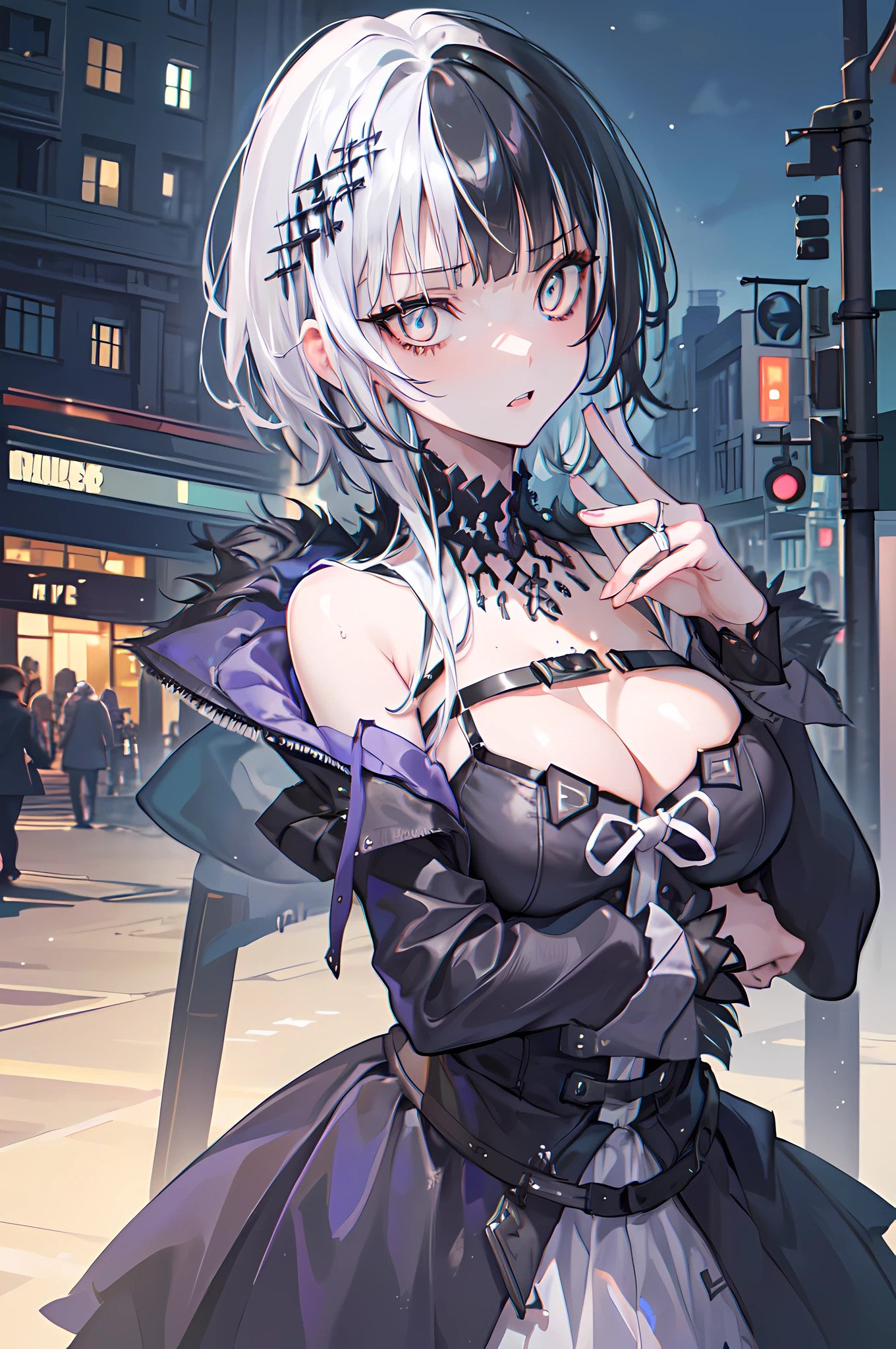 ((Realistic lighting, Best quality, 8K, Masterpiece: 1.3)), Clear focus: 1.2, 1girl, Perfect Figure: 1.4, big breasts, Slim Abs: 1.1, (half black hair), (half white hair), (Outdoor, Night: 1.1), City streets, Super fine face, Fine eyes, Double eyelids,