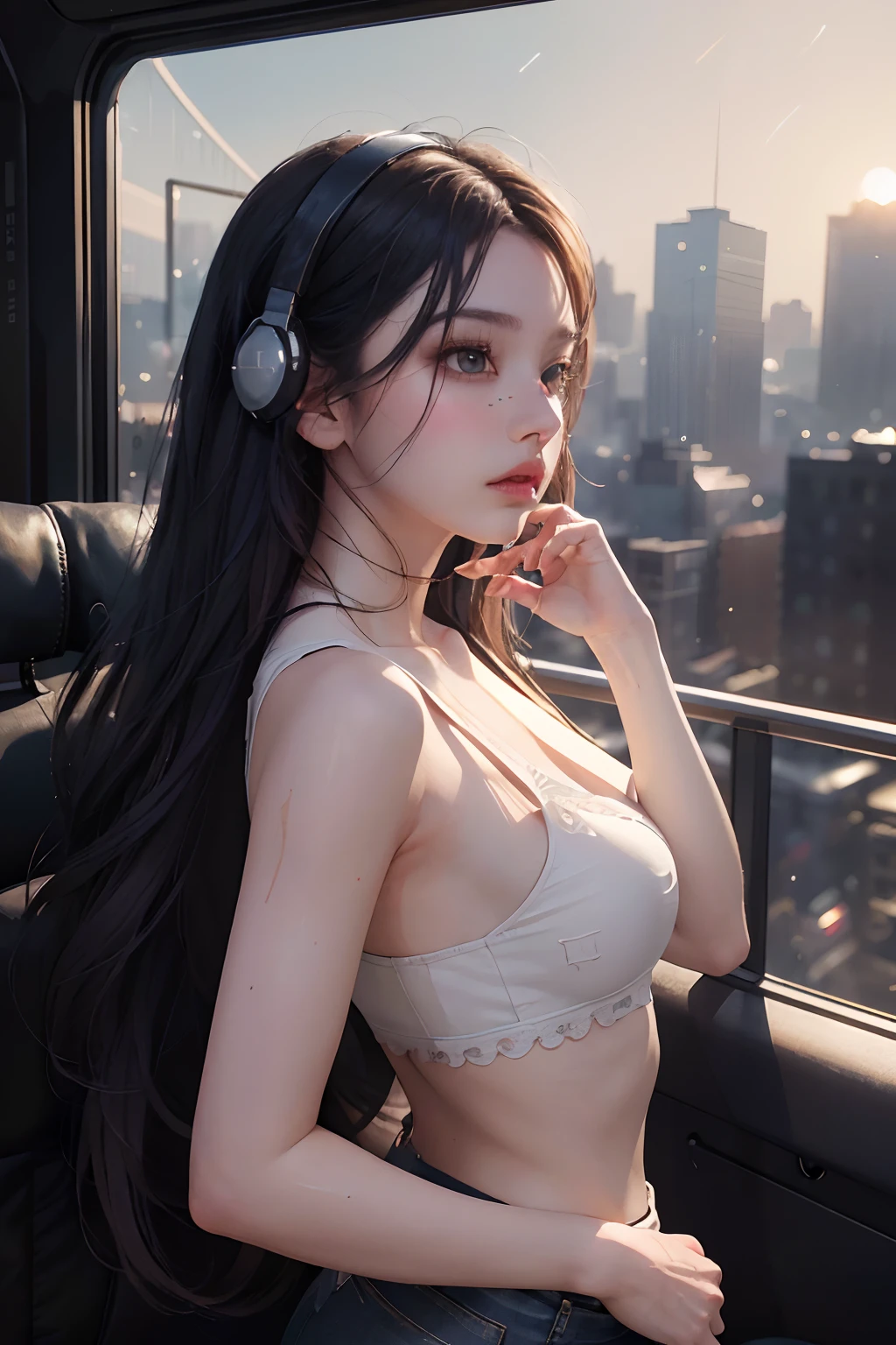 RAW, (8k, best quality, masterpiece: 1.2), (complex detail: 1.4), (photorealism: 1.4), octane rendering, complex 3d rendering super fine, studio soft light, edge light, vibrant detail, super fine, (realistic skin texture: 2), beautiful delicate face, beautiful delicate eyes, extremely detailed CG uniform 8k wallpaper, makeup, (perfect anatomy), (epic), (masterpiece, top quality, best quality, official art, Aesthetics and aesthetics: 1.2), very detailed, colorful, highest detail (super detail)), (highly detailed CG illustration), (very delicate and beautiful), (viewed from the side), cinematic light, city, 1 girl, solo, headphones, cyberpunk