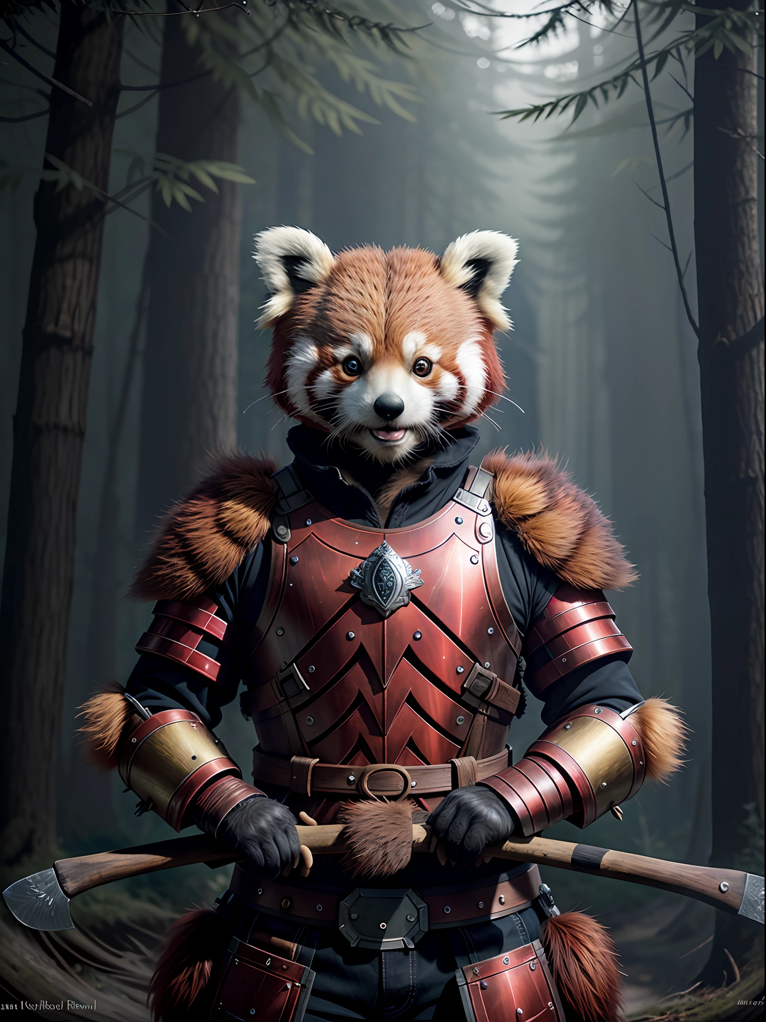 Close up of red panda in armor holding an ax, Red Panda Warrior, Red panda with helmet and axe and shield, Anthropomorphic red panda, Cute anthropomorphic red panda, wojtek fus, Fur armor, Fluffy, Wearing a red panda suit, hyperrealistic fantasy art, Wearing intricate fur armor、​masterpiece, top-quality, in 8K , intricate detailes, ultra-detailliert , light Particle