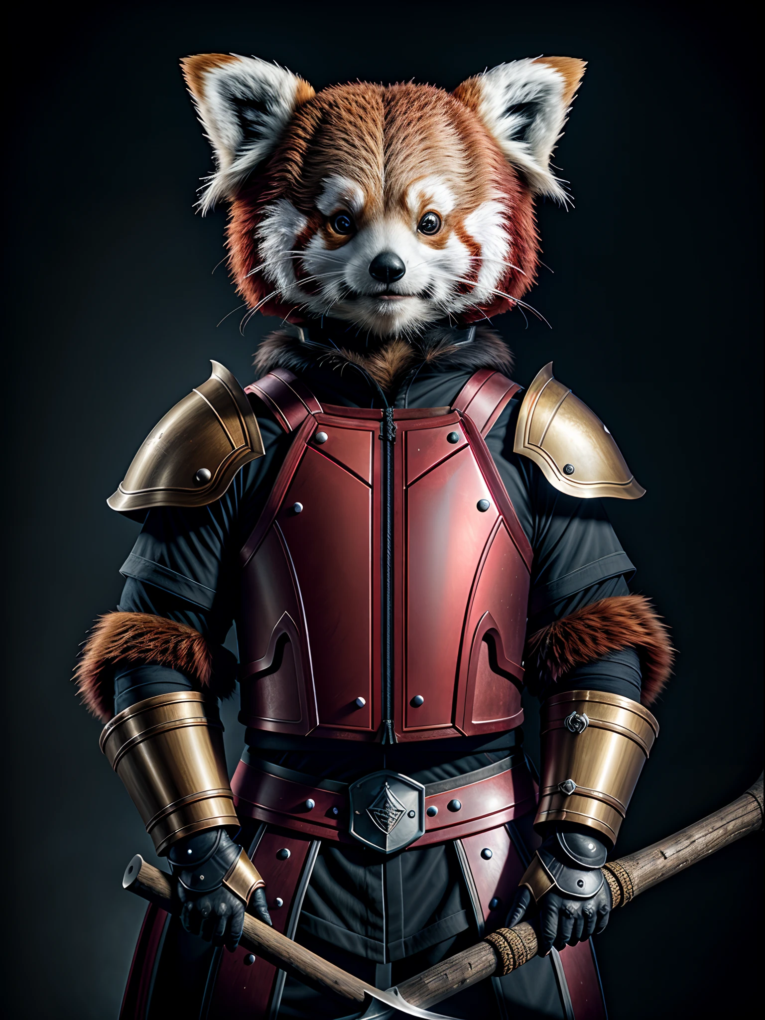 Close up of red panda in armor holding an ax, Red Panda Warrior, Red panda with helmet and axe and shield, Anthropomorphic red panda, Cute anthropomorphic red panda, wojtek fus, Fur armor, Fluffy, Wearing a red panda suit, hyperrealistic fantasy art, Wearing intricate fur armor、masterpiece, top-quality, in 8K , intricate detailes, ultra-detailliert , light Particle