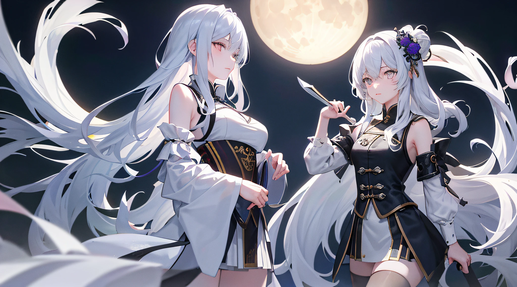 tmasterpiece、Need、night scene、moon full、1female、Mature woman、China-style、Ancient China、Sister、Royal sister、in cold face、face expressionless、Silver white long haired woman、black lence stockings,short skirt,Pale pink lips、Steady、intelligence、tribelt、Gray pupils,assassins,short knife,flower ball background,Stroll through the streetscape,the original god
