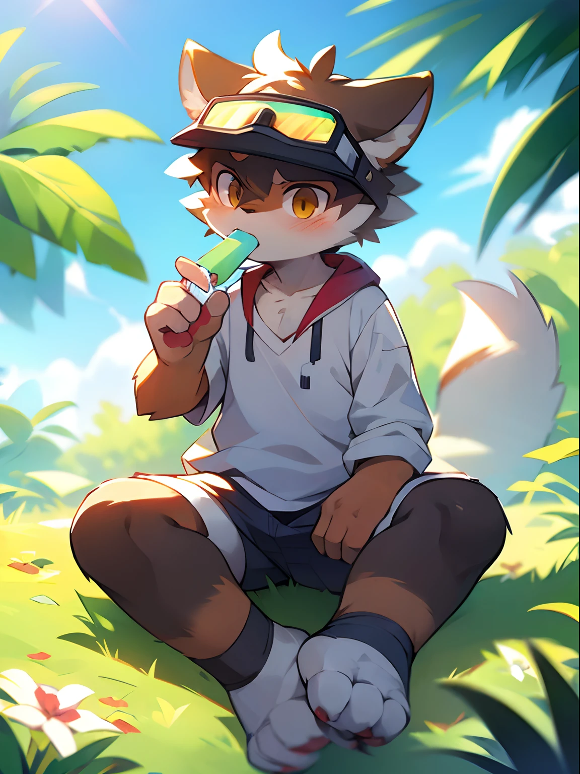 author：Jrjresq, author：Kirito, mammal, Furry, Male, Solo, wears, visor, Lick popsicles, Summer,