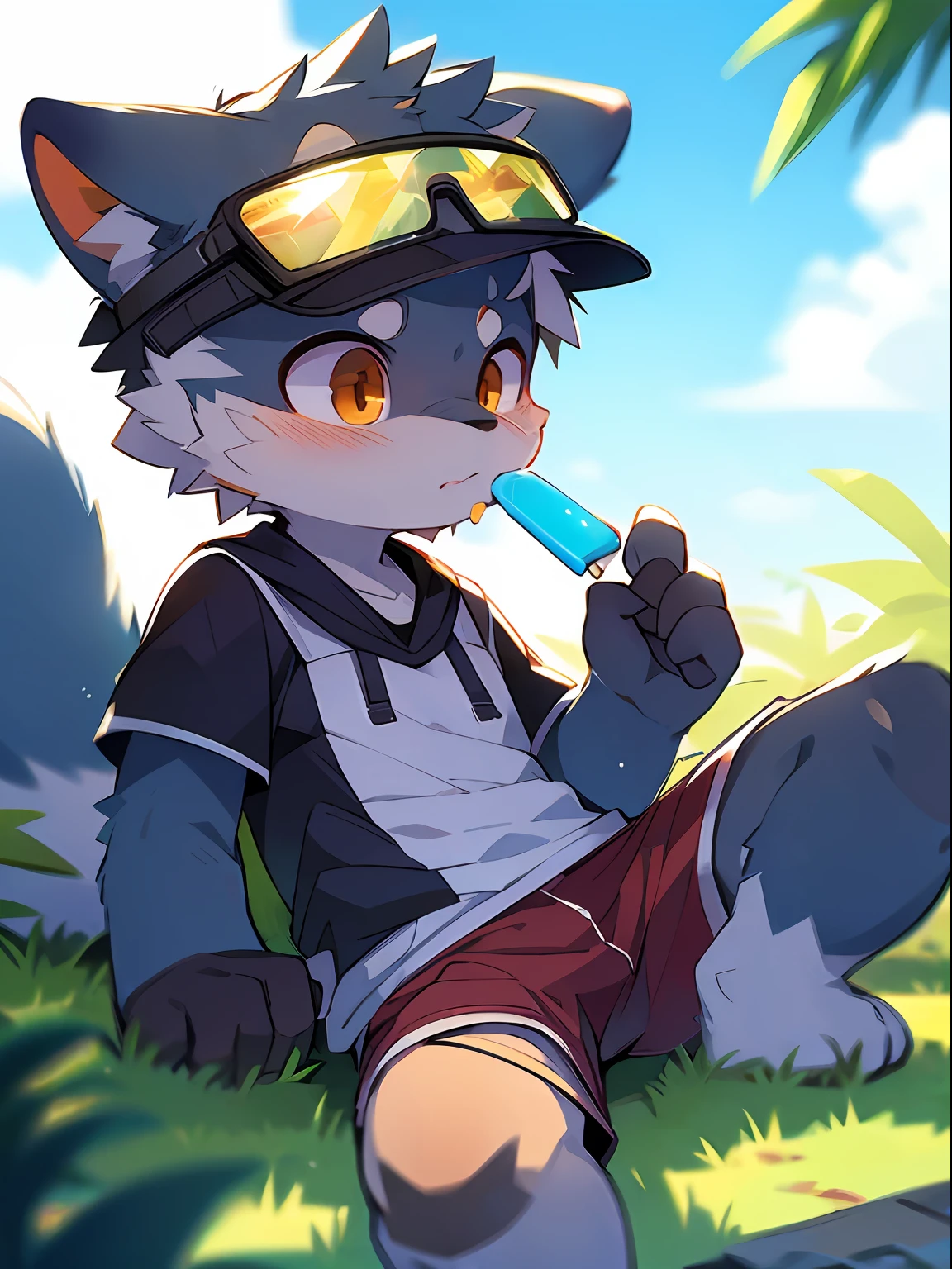 author:Jrjresq, author:Kirito, mammal, Furry, Male, Solo, wears, visor, Lick popsicles, Summer,