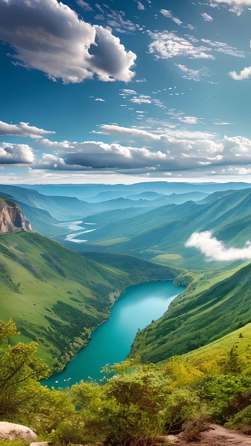 Masterpiece, ultimate quality, Cg unity 8k wallpaper, super delicate, beautiful sky and clouds, rich natural scenery, cliffs, lakes and rivers, waterfalls and flying water, beautiful green mountains, no trace of people, excellent scenery, has already won a photo contest, background Blurring, full depth of field, HDR high dynamics, true restoration, intricate, extreme details, dramatic presentation, perfectly presenting the style of midjourney art.