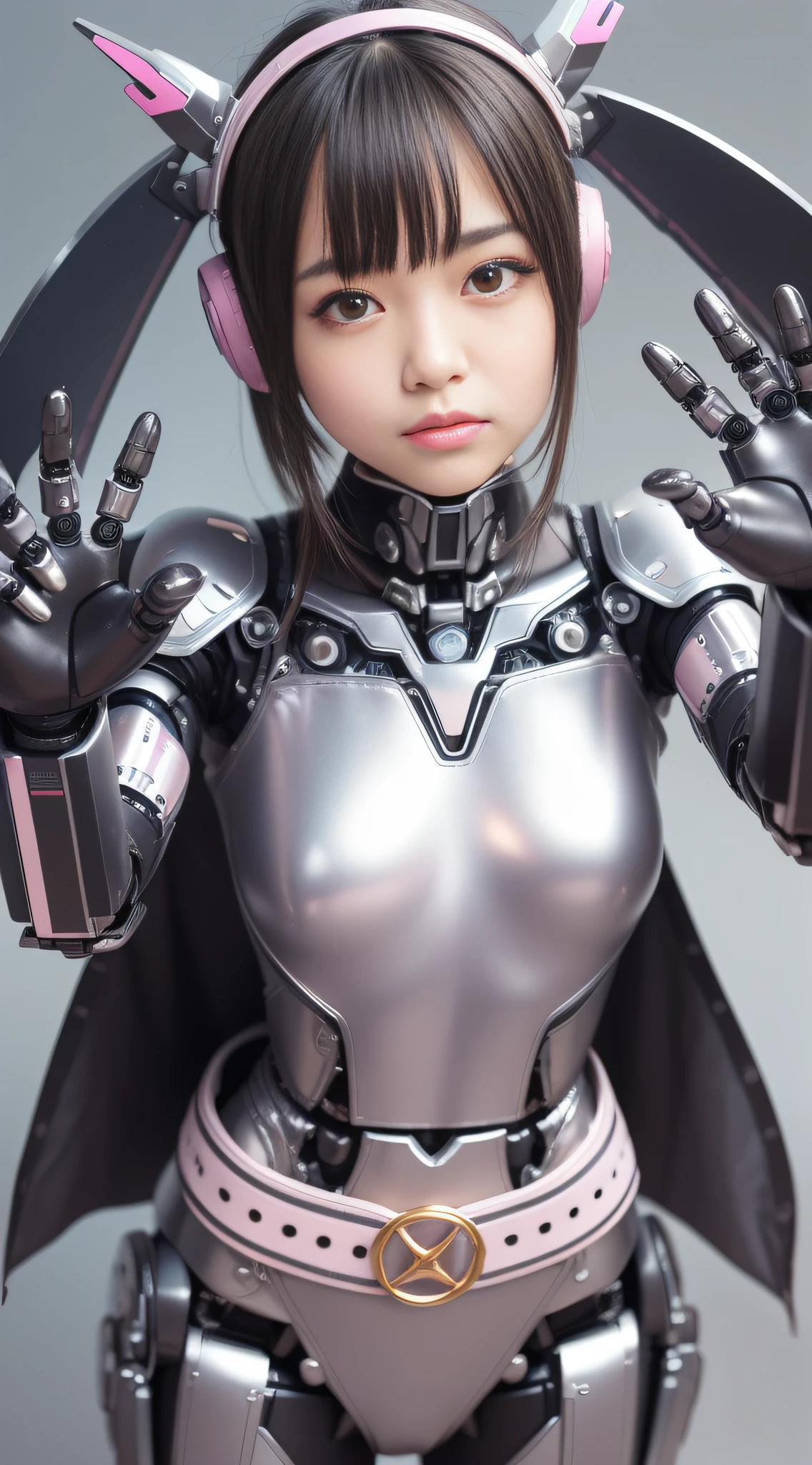 (Photorealsitic:1.4)、Onegirl、(top-quality)、(hyperdetailed face)、(Super well-formed face)、((Robot Parts))、(Cyborg girl)、(Silver)、(metalic)、(fullllbody)、(sexy pose)、(Slender body)、(Model body type)、(mecha exposure)、(akihabara)、(is looking at the camera)、(A dark-haired)、(10Head and body)、(a small face)、(Idol)、(front facing)、(is standing)、(Banzai pose with open arms)、(Photo session)、(Looks sad)、(Cyborg girl in pale pink satin dress)、(Golden button)、(sleeve less)、(a miniskirt)、(a belt)
