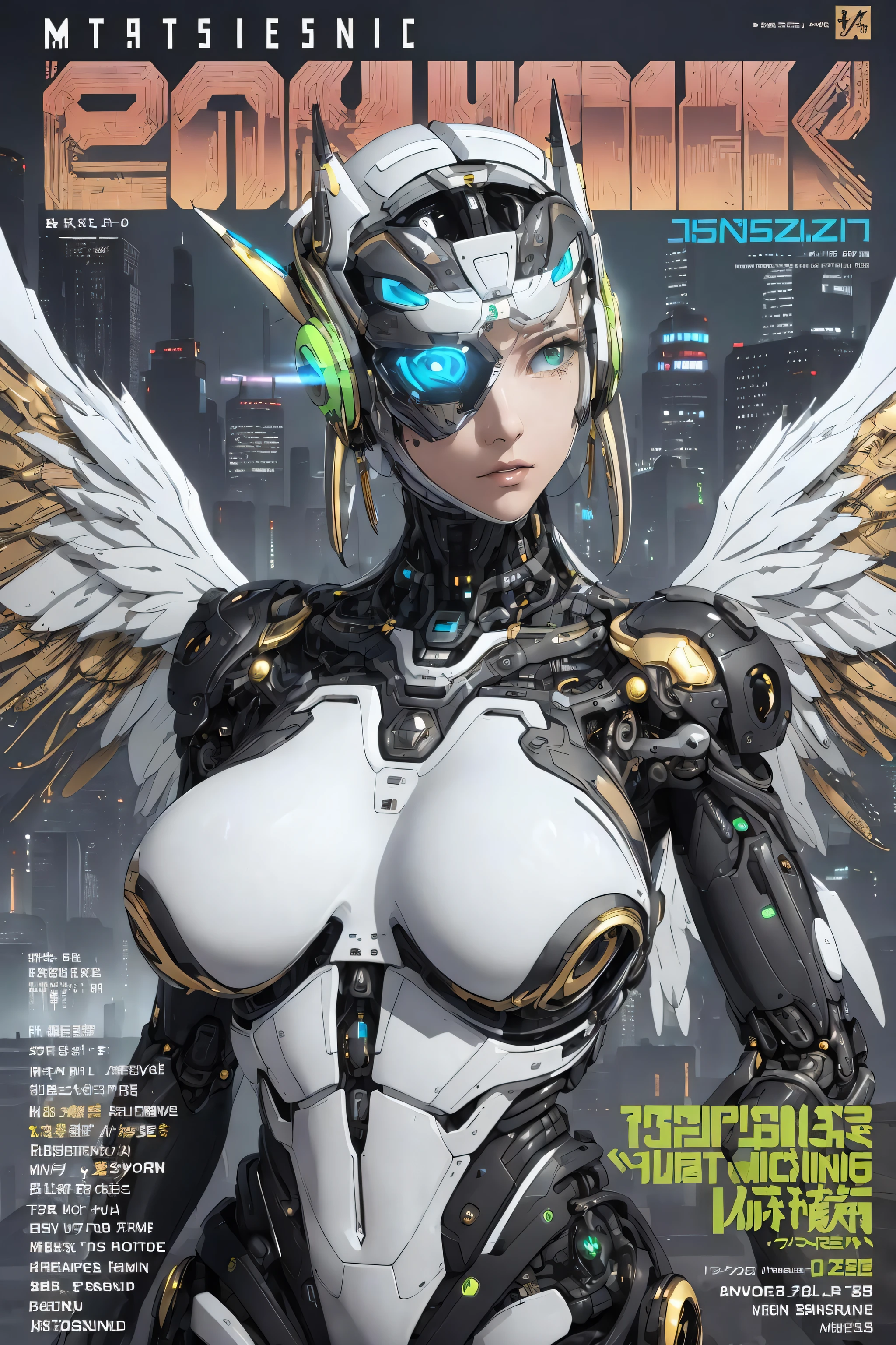 masterpiece, (best quality), (ultra-detailed), (ultra-realistic:1.2), landscape, sci-fi, transistorpunk, cyberpunk, biopunk, (magazine cover:1.4), (gray, white), female huge robot, visor, earring, mechanical angel wings on the back, angel wings, future town, dynamic pose, dynamic angle, small breasts, luxury, (gold, silver, green), neon