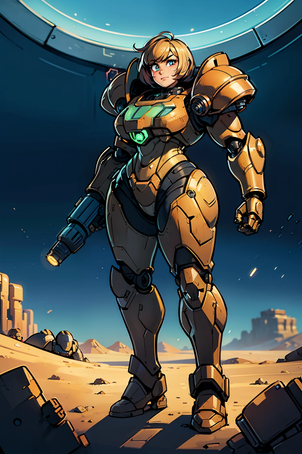 a cartoon picture of a woman in a futuristic suit with a gun, sexy, professional artwork, detailed eyes, beautiful eyes, beautiful face, flawless face, gorgeous face, smooth features, blush, thick thighs, beautifully detailed background, sci-fi, science fiction, future, neon lights, space ship interior, space ship, space, space visible through window, outer space, mechanical background, power armor, power suit, armored, armor, cyberpunk, cyborg, cyborg woman, cybernetics, cybernetic, robot, robotic arm, robotic leg, smiling, pixie cut, black armor, heavy armor, mecha suit, retro armor, bare metal armor, rust, dark armor suit, armor suit, metal breastplate, fully armored, full plate, power armor, fully covered, voluptuous, curvaceous, thicc, masamune shirow, three quarter view, sprinting