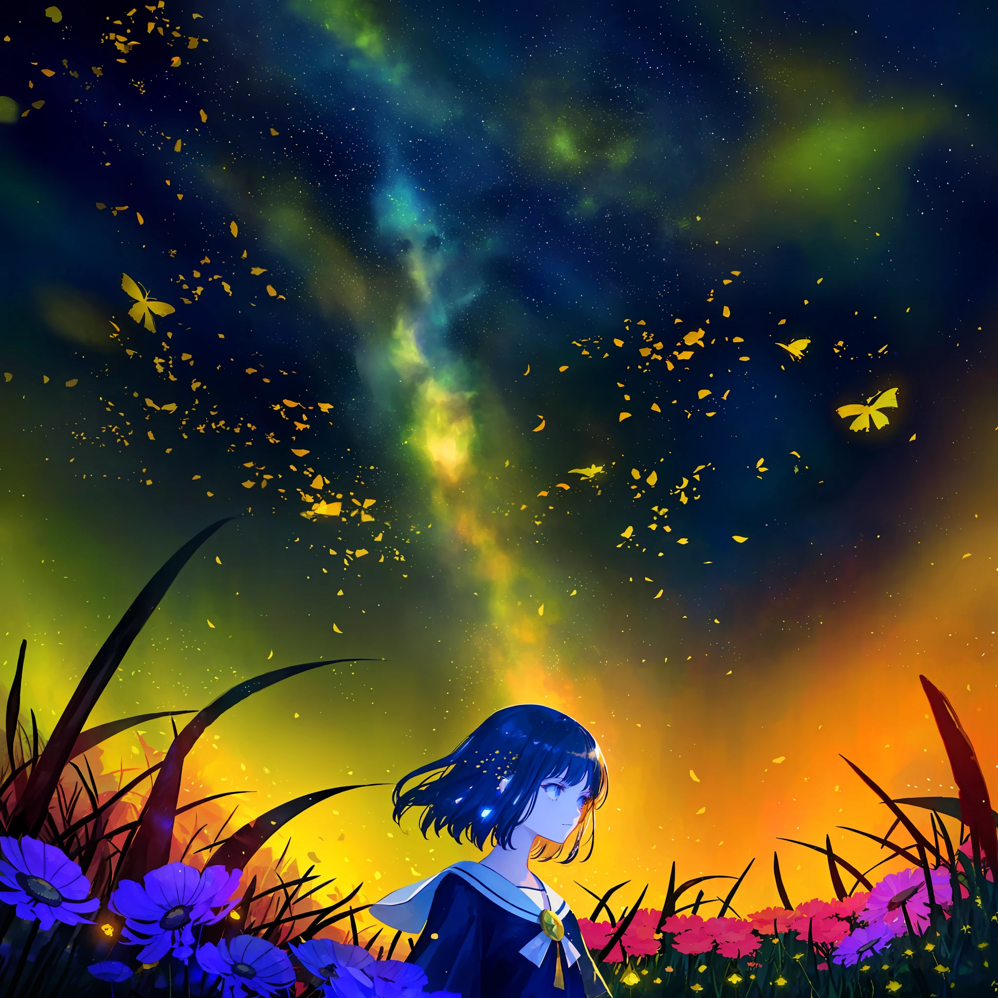 Draw a girl in a flower field,There is a string of lights, little girl with magical powers, girl looks at the space, among wonderful golden fireflies, With stars, DreamlikeArt, among golden fireflies, Shine among the stars, calm evening. Digital illustration, portrait of the magical girl, dreamlike digital painting, dreamlike illustration, Starry, Stars shine