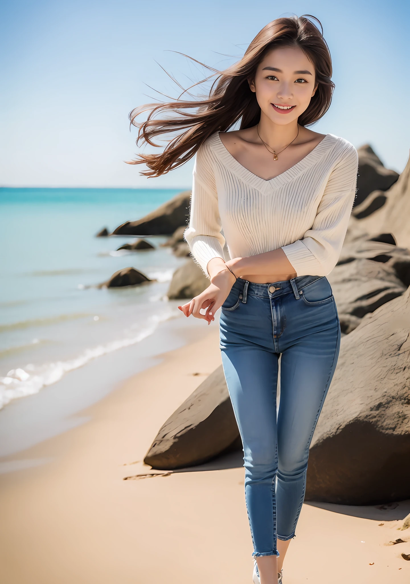 Woman in jeans on the beach，Dancing sexy，Full body shooting:1.8（RAW photogr，超高分辨率，8K,HD,tmasterpiece，best qualtiy），Complicated details， 20 years old Asian woman，Women wear cropped skinny sweaters（Slim fit，Fit snugly to the body）and trendy jeans with open navels，Realistic and detailed costumes，Detailed beach，A sweet smile appeared on the little face，The face is white and tender，skin lightening，Ultra-realistic facial details，Beautiful accessories，Playful and coquettish pose，The calves are straight and slender:1.5，Wear high-end branded travel shoes:1.5，eventide，warm color，Broad lighting，naturalshadow，taking a full body photo:1.8