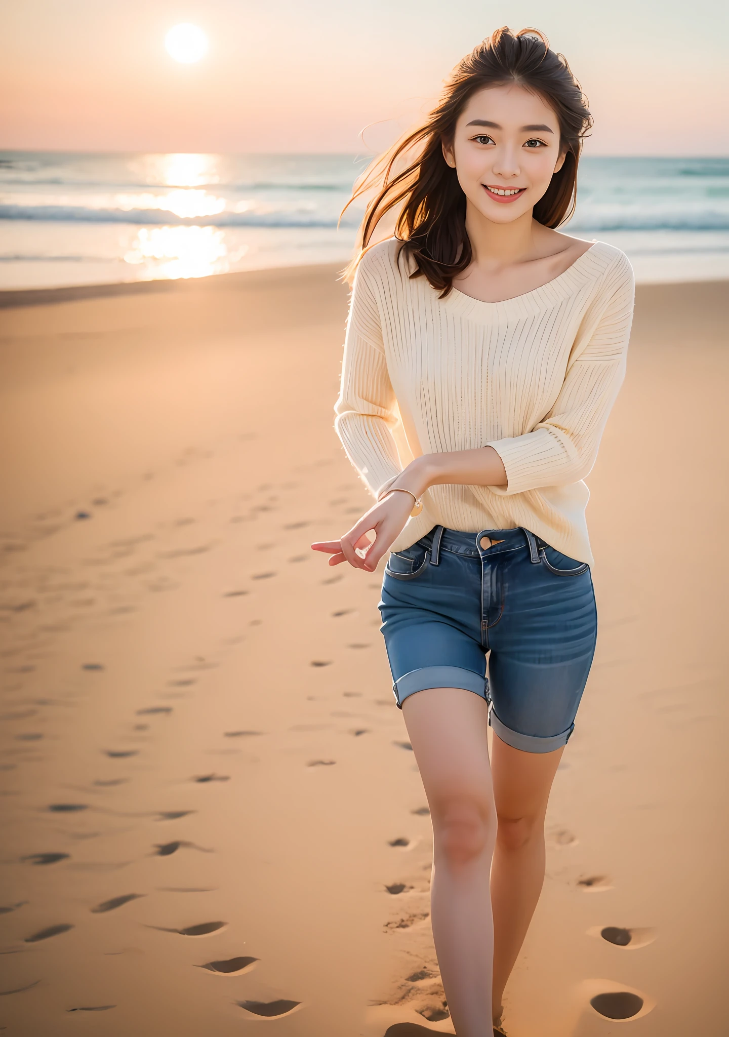 Woman in jeans on the beach,Dancing sexy,Full body shooting:1.8(RAW photogr,超高分辨率,8K,HD,tmasterpiece,best qualtiy),Complicated details, 20 years old Asian woman,Women wear cropped skinny sweaters(Slim fit,Fit snugly to the body)and trendy jeans with open navels,Realistic and detailed costumes,Detailed beach,A sweet smile appeared on the little face,The face is white and tender,skin lightening,Ultra-realistic facial details,Beautiful accessories,Playful and coquettish pose,The calves are straight and slender:1.5,Wear high-end branded travel shoes:1.5,eventide,warm color,Broad lighting,naturalshadow,taking a full body photo:1.8