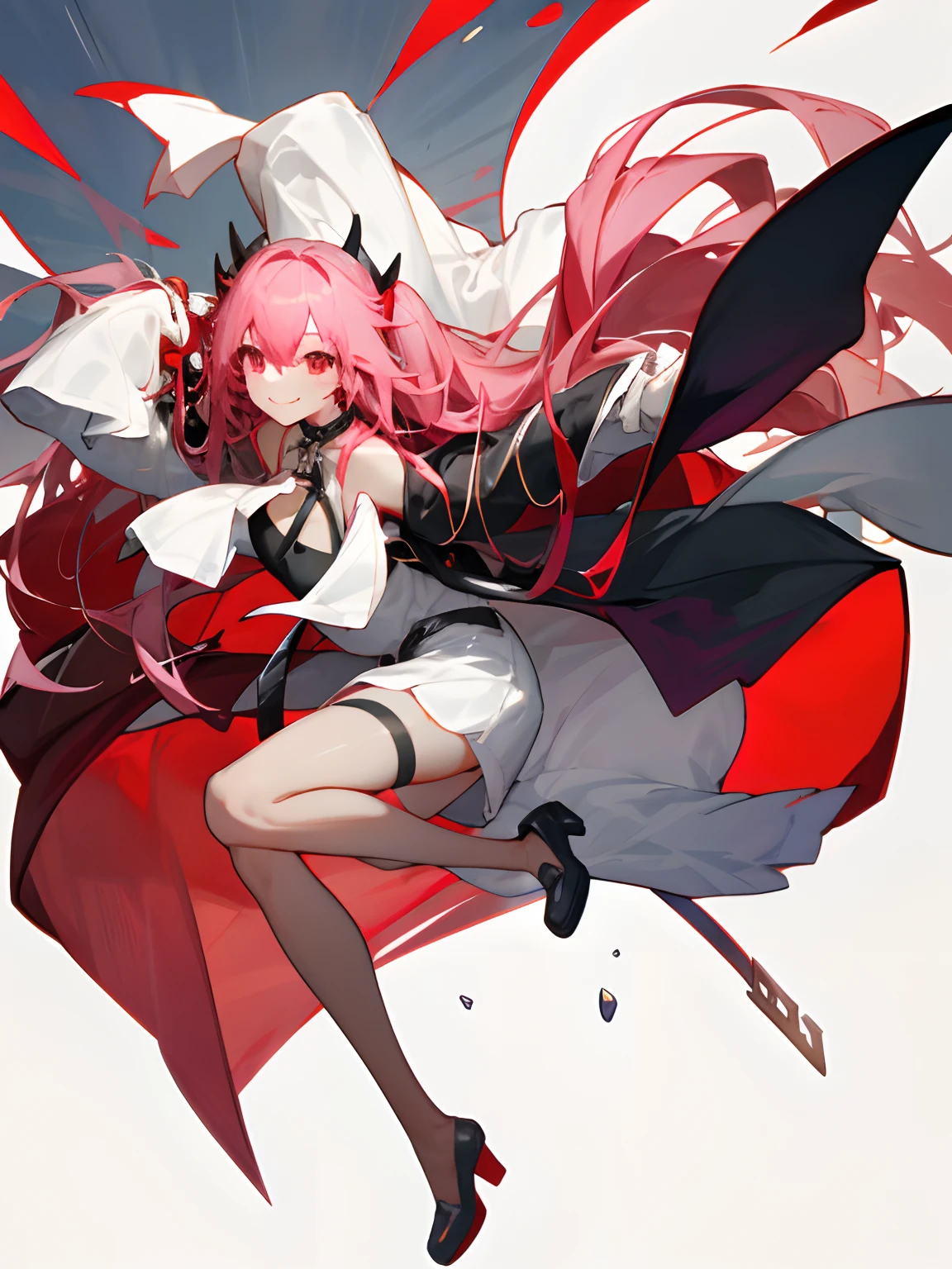 one-girl,Pink hair, long whitr hair, devil horns, red color eyes, Shiny hair,Smile,Short white dress,offcial dress,black lence stockings,leg loops,Collar,Holding a long sword。