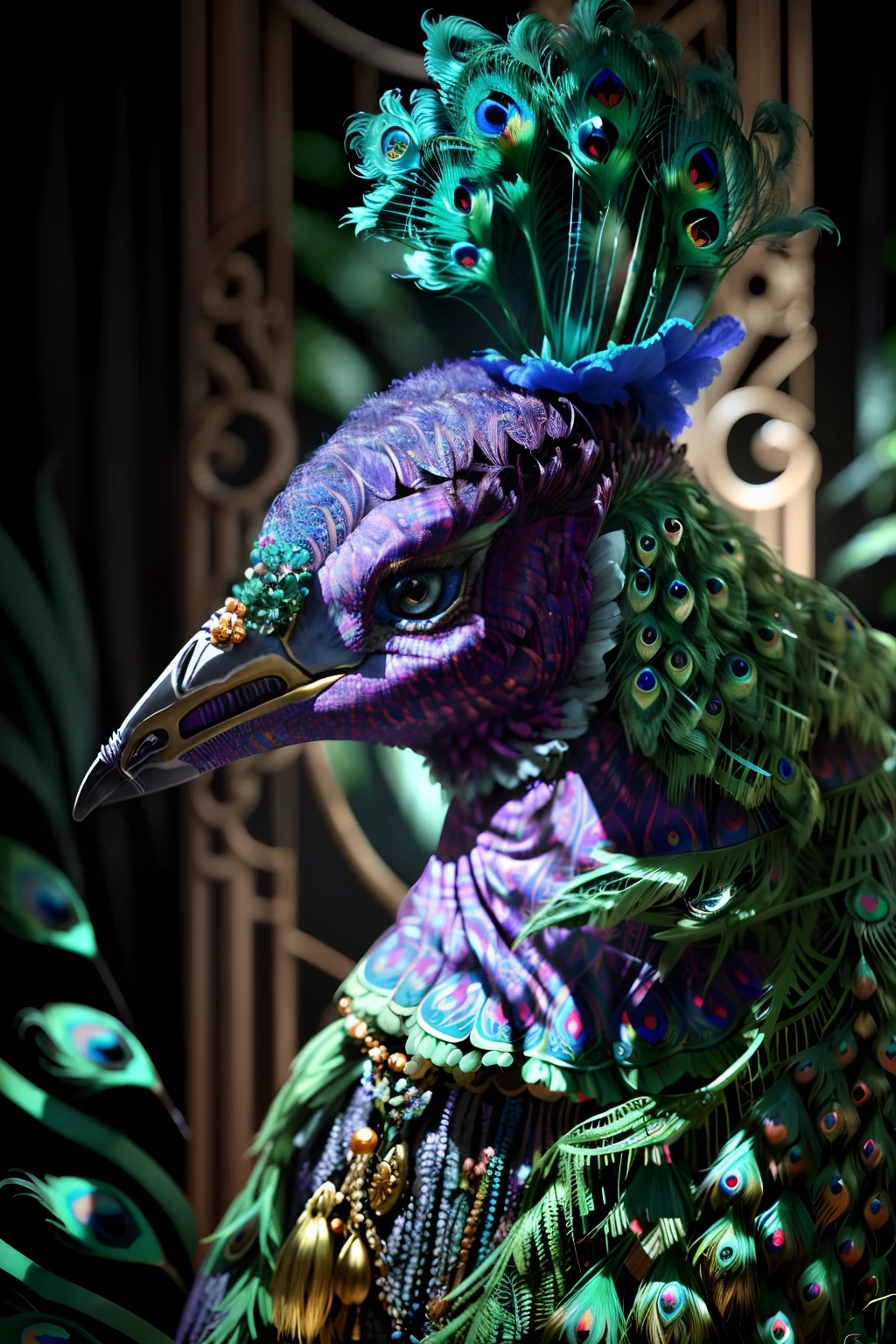 tmasterpiece,best quality,8k,raw,canon 5d,f/1.8,iso 6400,wide angles,photorealestic,cinematic ligh,poster for,photore,(detail in face),A peacock,Richly colored feathers,Nice peacock,Fantastic background,Vine-like flowers bloom