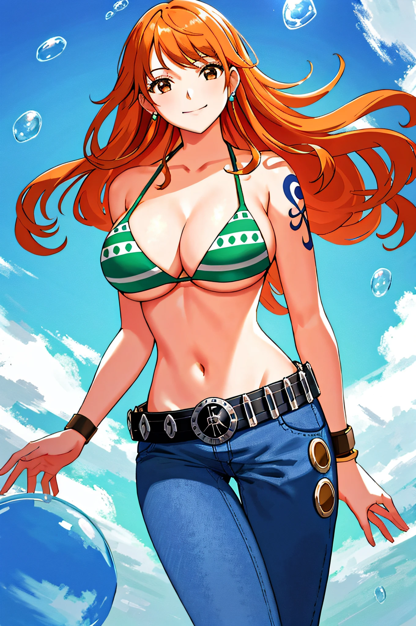 detailed background, masterpiece, best quality, 1girl, solo, nami \(one piece\), 1girl, bangle, bangs, bare shoulders, belt, bikini, bikini top only, blue sky, bracelet, breasts, brown eyes, bubble, cleavage, cloud, cowboy shot, day, denim, earrings, floating hair, green belt, green bikini, groin, jeans, jewelry, large breasts, log pose, long hair, looking at viewer, navel, orange hair, pants, shoulder tattoo, sidelocks, sky, smile, solo, standing, stomach, swimsuit, tattoo , looking at viewer