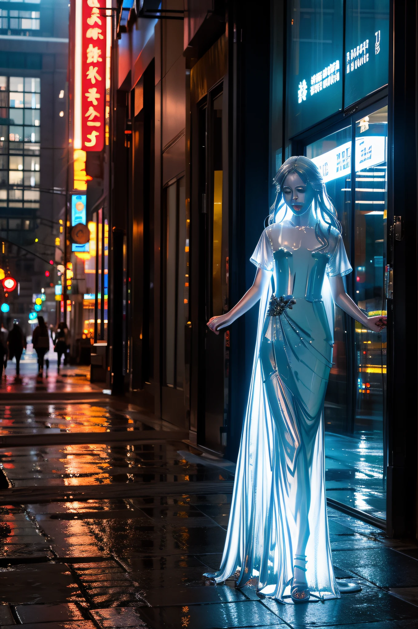 Translucent woman walking in the city