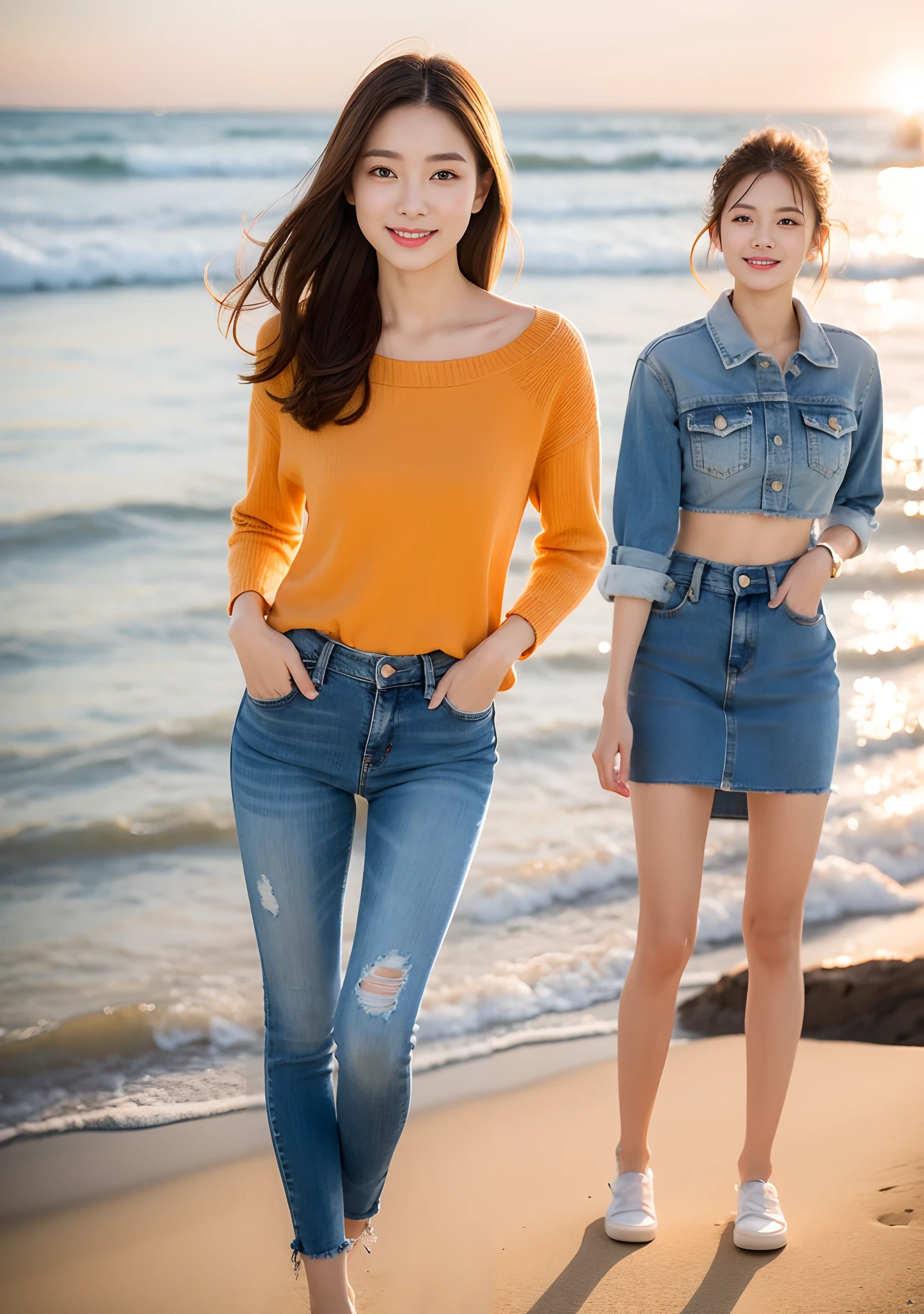 Woman in jeans on the beach,Dancing sexy,Full body shooting:1.8(RAW photogr,超高分辨率,8K,HD,tmasterpiece,best qualtiy),Complicated details, 20 years old Asian woman,Women wear cropped skinny sweaters(Slim fit,Fit snugly to the body)and trendy jeans with open navels,Realistic and detailed costumes,Detailed beach,A sweet smile appeared on the little face,The face is white and tender,skin lightening,Ultra-realistic facial details,Beautiful accessories,Playful and coquettish pose,The calves are straight and slender:1.5,Wear high-end branded travel shoes:1.5,eventide,warm color,Broad lighting,naturalshadow,taking a full body photo:1.8
