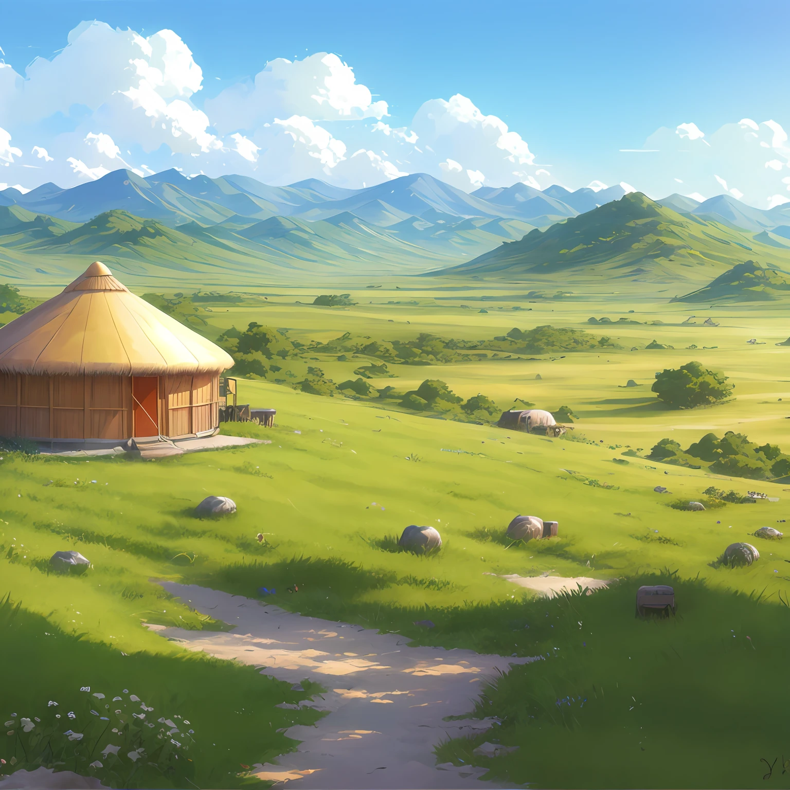 Rolling steppes and yurts, anime countryside landscape, Distant savannah background, Anime landscape concept art, scenery game concept art, Anime background art, A beautiful artwork illustration, ross tran. scenery background, arte de fundo, Official concept art,Mongolian steppe, fantasy matte painting,painted as a game concept art, Anime landscape, drawn in anime painter studio