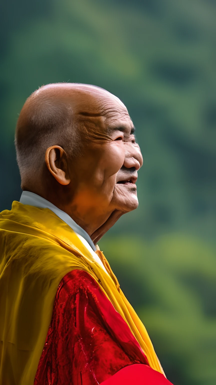 An 8K ultra-realistic RAW photo，Han Chinese，A bald old man，Wearing a robe with red and yellow panels，Buddha，Prayer beads，temple，真实感，超高分辨率