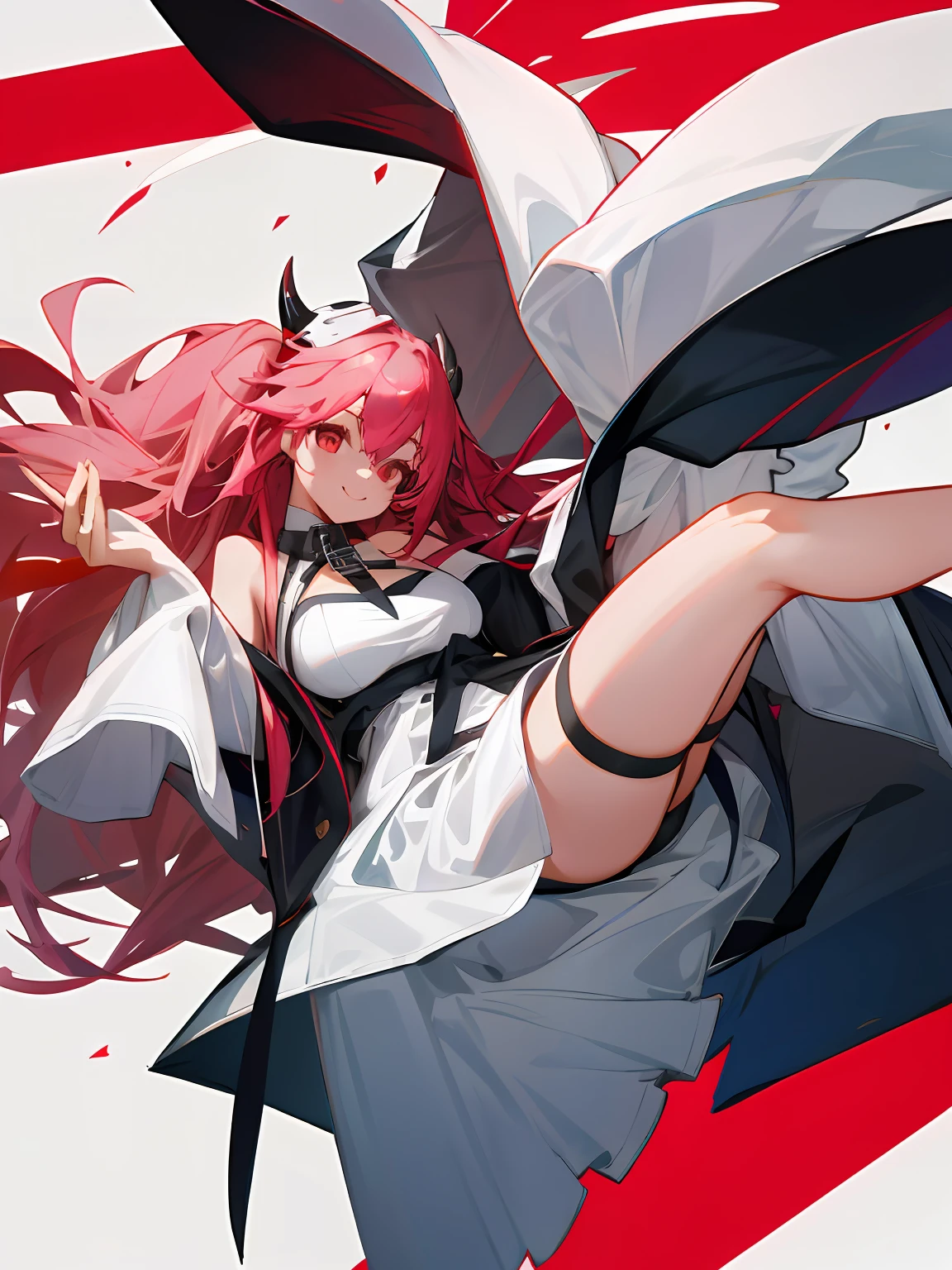 one-girl，Pink hair, long whitr hair, devil horns, red color eyes,  Shiny hair,Smile,Short white dress，offcial dress，black lence stockings，leg loops，Collar，Holding a long sword。