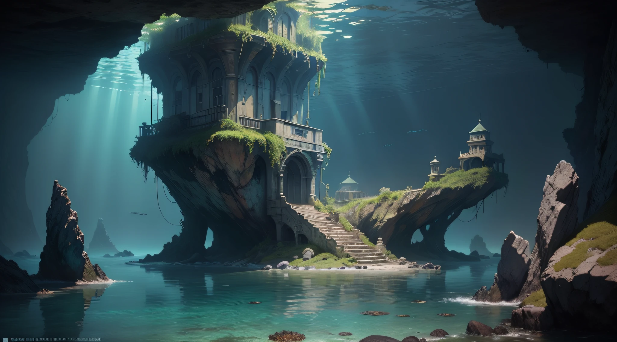 masterpiece, high resolution, background, old high-tech sanctuary submerged under the sea, sunken rocks, lull, darkness, covered with rust and seaweed, deep blue and emerald green, ripples, admire view from deep sea,