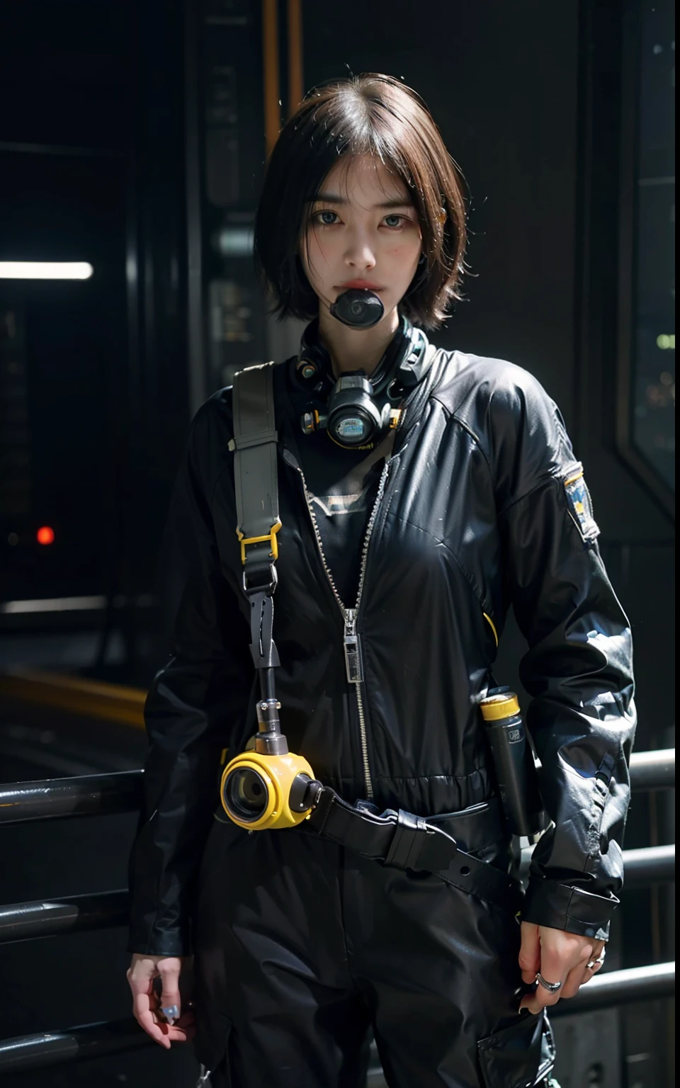 Highest image quality, outstanding details, ultra-high resolution, (realism: 1.4), ((cowboy shot)), the best illustration, favor details, highly condensed 1girl, (cyberpunk, cyborg), a delicate and beautiful face, (short hair), (wearing baggy spacesuit with ring-helmet-disconnecter, attached black and gray mecha, yellow pipes and codes, flanges on spacesuit), (cyberpunk gasmask), (mark radioactivity-hazard-symbol), ((revealed only head)), ((sorrow)), nobody rocket-launcher platform