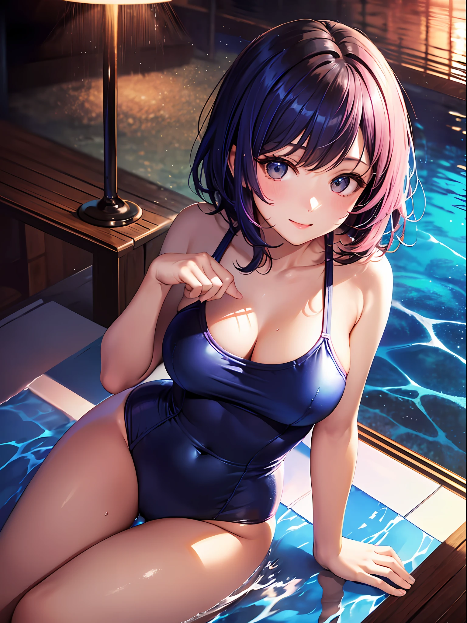(top-quality: 1.3), (masterpiece: 1.3), (The ultra-detailliert: 1.3), (wall-paper, one girls: 1.1)、(Detailed hands and fingers:1.2)、(Detailed ultra-oily shiny skin:1.1)、oily shiny thighhigh、(New one-piece school swimsuit in beautiful dark blue color:1.2)、(Pink hair:1.2)、ssmile、(Beautiful Large Breasts:1.3)、short-hair、(Cute brown hair band:1.1)、Beautiful sister、(Resorts:1.3),(Beautiful light blue water surface:1.2)、No waves、Overwater Bungalow、sexypose、Sit with your legs open、View of the girl from above
