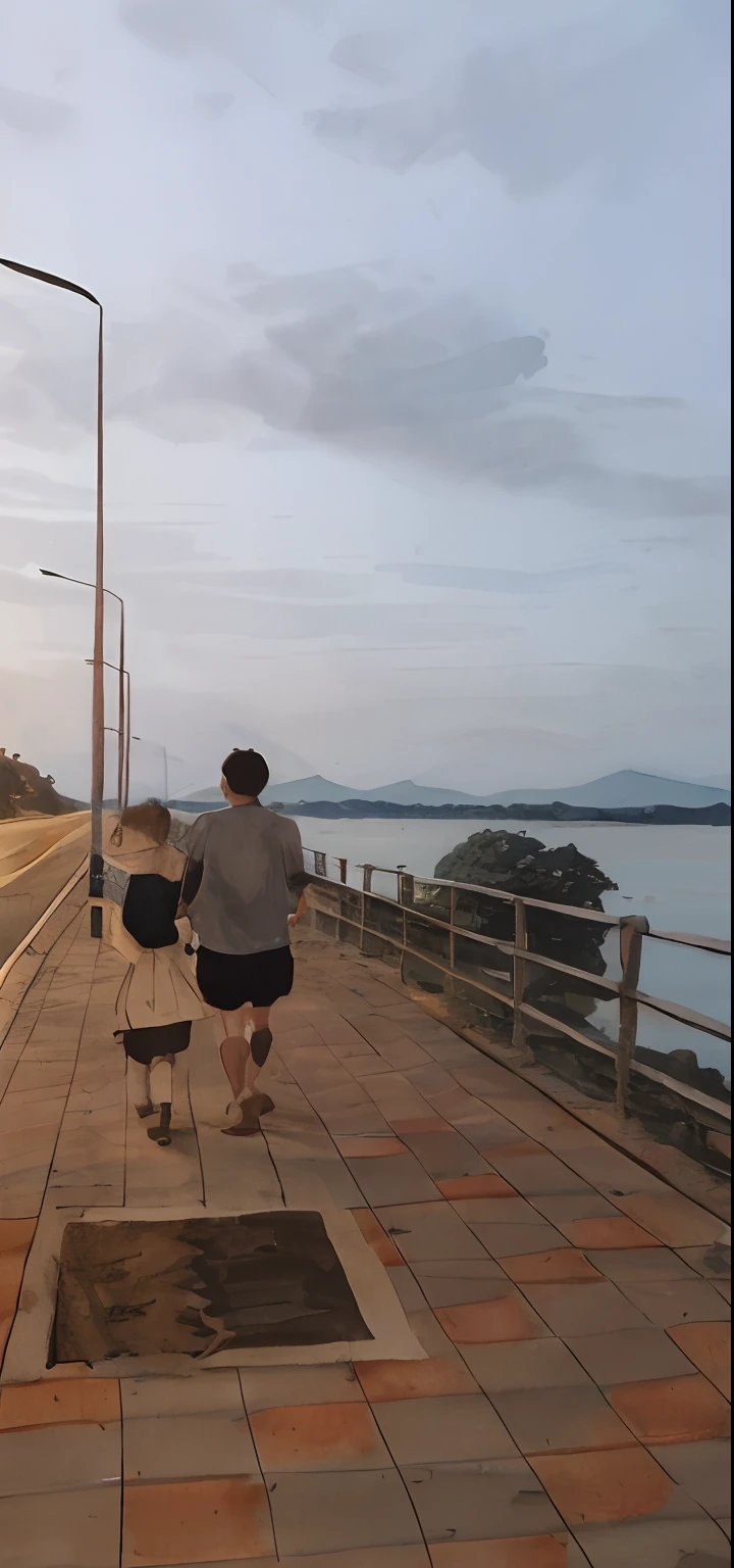 there are two people walking on a sidewalk near the water, beside the river, in the evening, beside a river, with a kid, next to a river, river in front of him, early evening, near a river, walking together, with sunset, evening time, late evening, father with child, river in the background, at the sunset, high quality upload