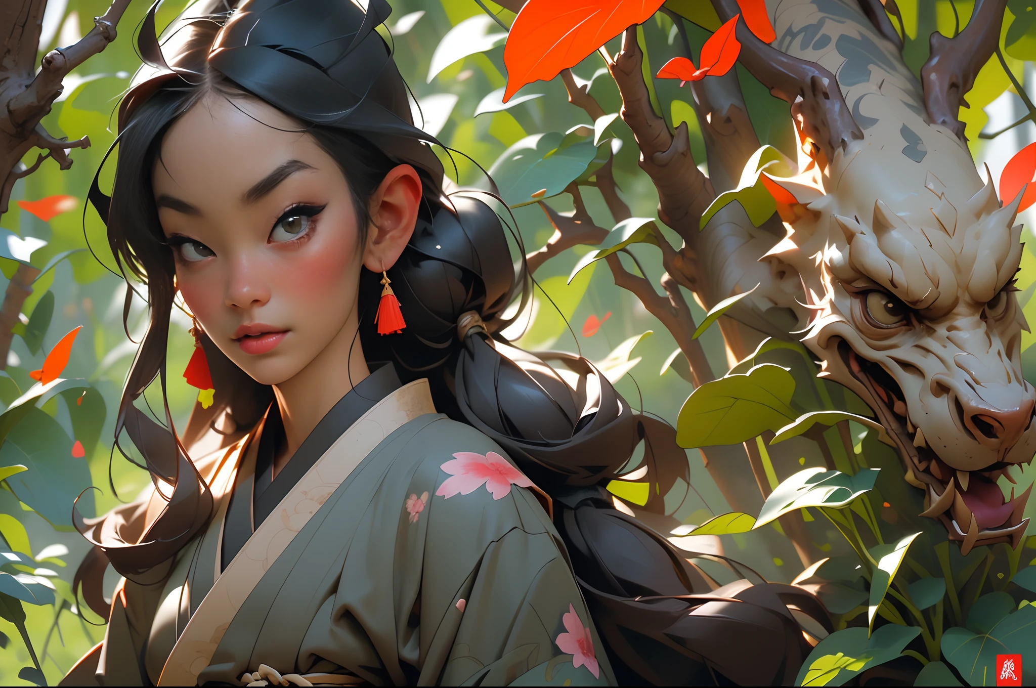 ((Best Quality)), ((Masterpiece)), ((Realistic)) and a super-detailed photo of a samurai girl . wearing kimono, straight black hair, Asian-Japanese race, Katana on the right side,