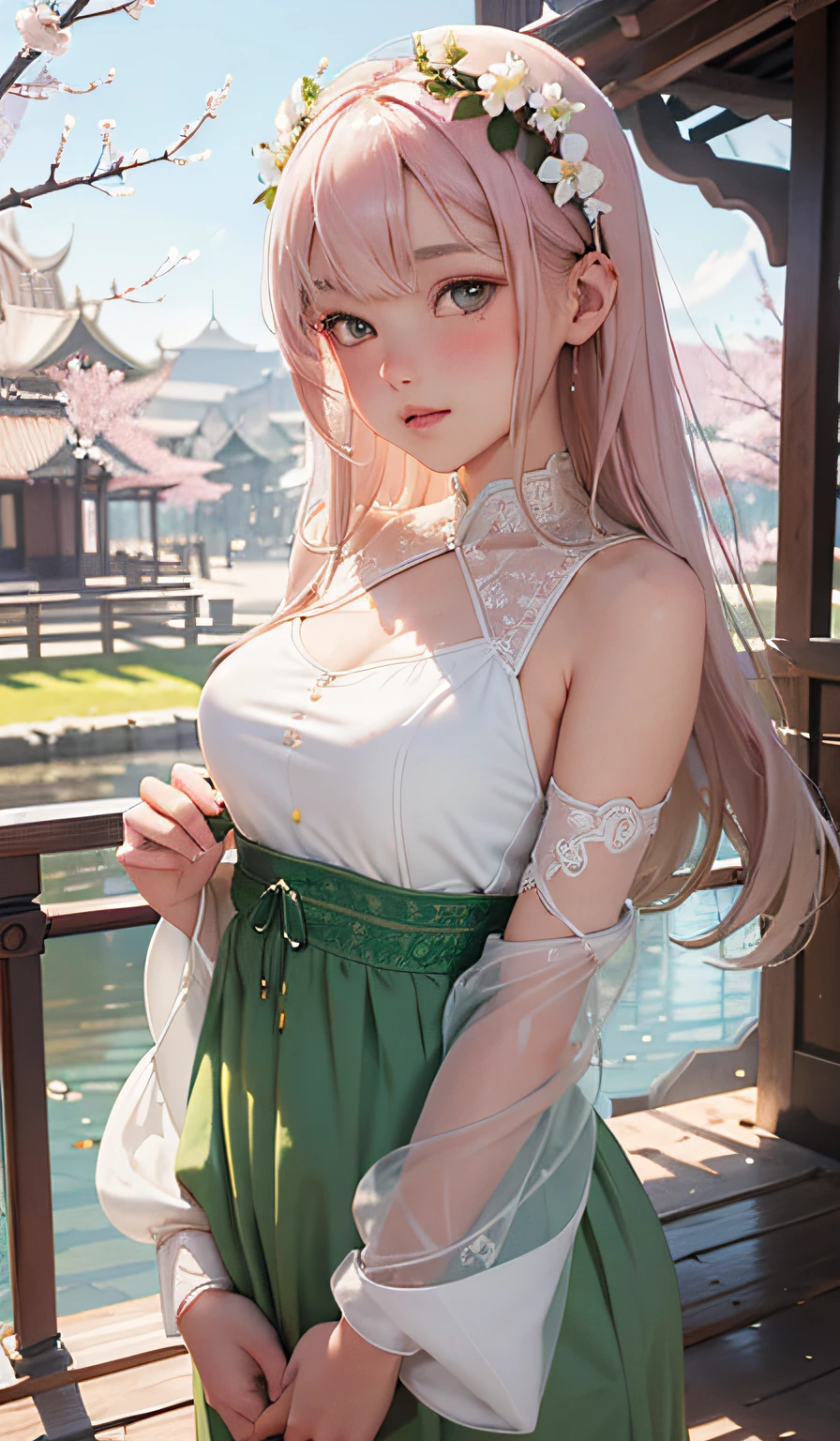 There is a girl in a short green dress, plum blossoms, oriental architecture ray tracing, best quality, masterpiece, extremely detailed 8K wallpaper, colorful, intricate details, cold white skin, (meticulously portrayed blush), soft cute, messy beauty, bright and silky skin, beautiful eyes, peach blossom eyes, an extremely delicate and beautiful girl, white skirt, upper body,