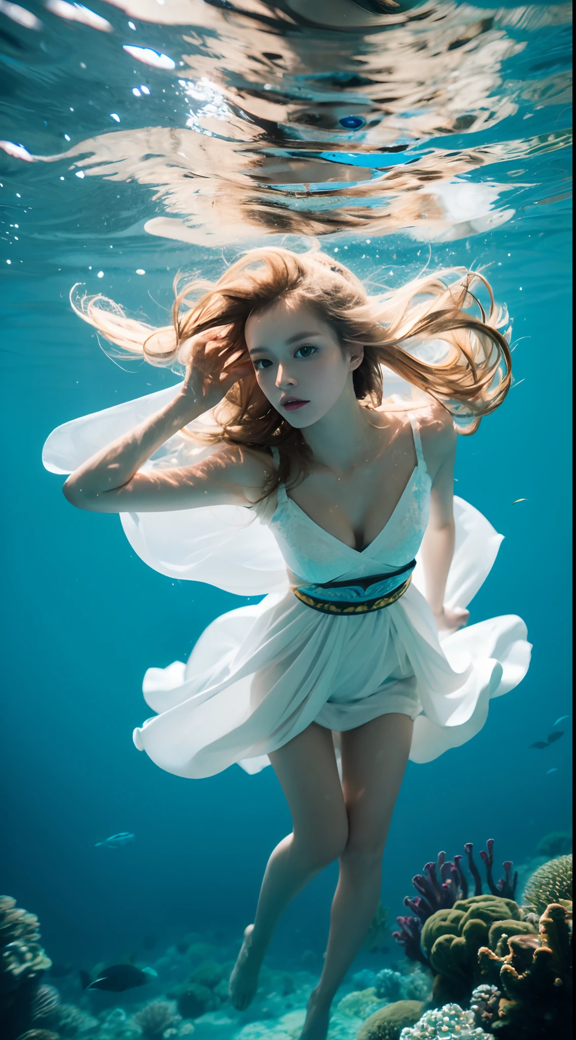 Best quality，tmasterpiece，Partial underwater photography，Reflectors，Blonde 1.3 ，Messy hair floating，slimfigure，Yellow-green Han clothing，light yarn，long leges
