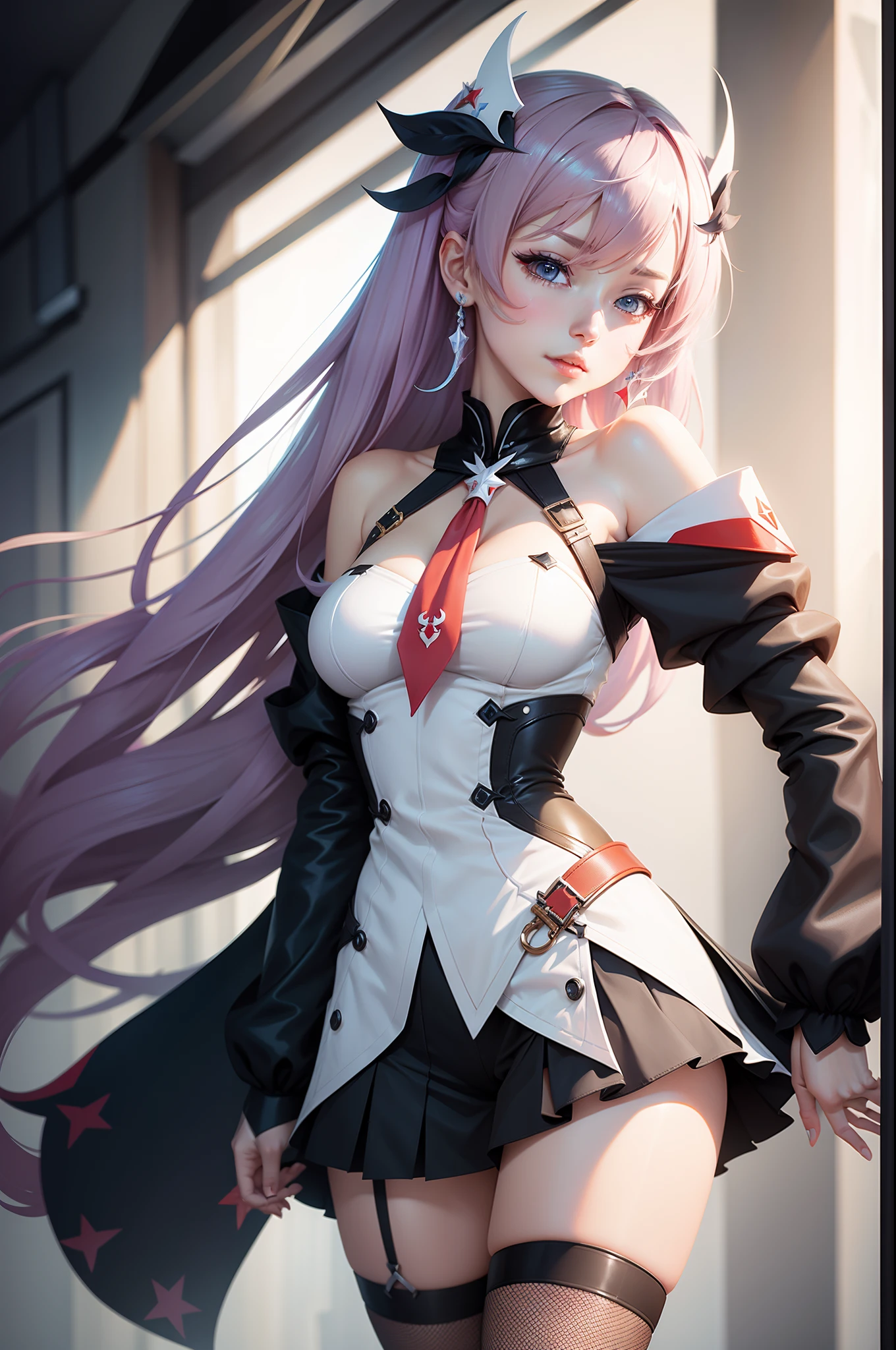 masterpiece, best quality, <lora:rosaria:1>,1girl, solo, rosaria (genshin impact), breasts, gloves, fishnets, nun, elbow gloves, large breasts, looking at viewer, white gloves, fishnet pantyhose, pantyhose, hair over one eye, red hair, habit, thigh strap, gradient background, veil, gradient, bangs, hand on hip, purple eyes, purple hair, belt, multicolored hair, dress, standing, bare shoulders, black dress, hair between eyes, detached sleeves, red lips, pale skin, streaked hair, long hair, medium hair, pelvic curtain, red eyes