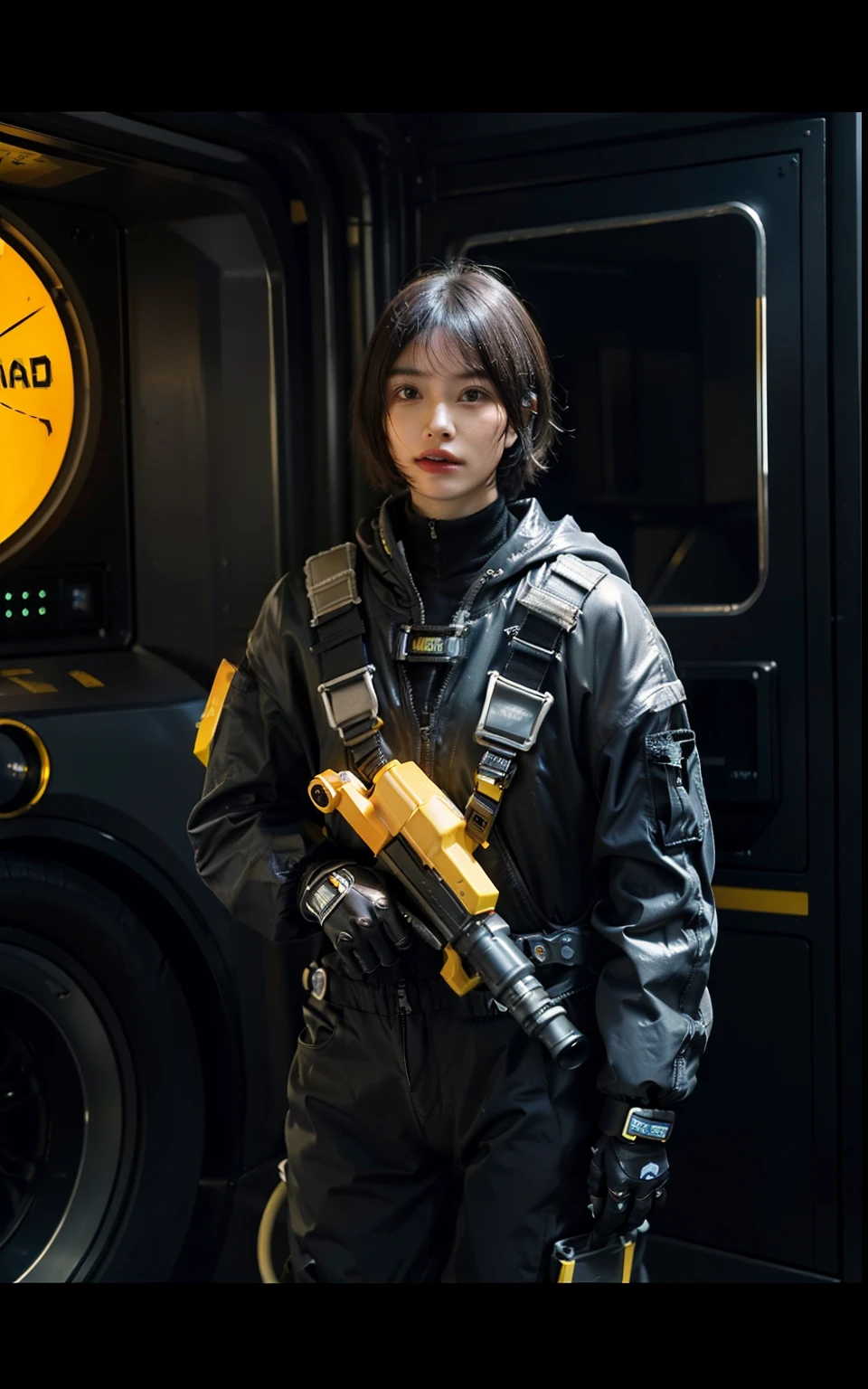 Highest image quality, outstanding details, ultra-high resolution, (realism: 1.4), ((cowboy shot)), the best illustration, favor details, highly condensed 1girl, (cyberpunk, cyborg), a delicate and beautiful face, (short hair), (wearing baggy spacesuit with ring-helmet-disconnecter, attached black and gray mecha, yellow pipes and codes, flanges on spacesuit), (cyberpunk gasmask), (mark radioactivity-hazard-symbol), ((revealed only head)), ((sorrow)), nobody rocket-launcher platform