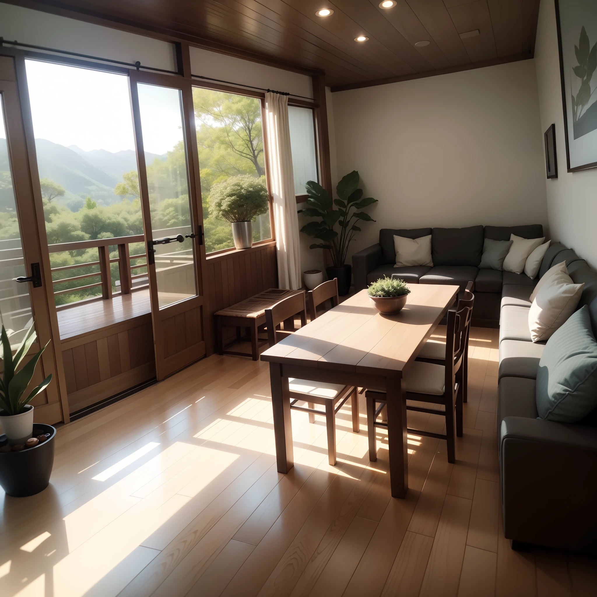 interior design、Insanely detailed wide-angle architectural photo、Cozy contemporary living room、(Bright and warm sunlight 1:0.1)、Award-winning contemporary interior design、landscapes、The table、a chair、in a house、Wooden flooring、window、resturant、east asian east asian architecture、sliding paper doors、abajour、architectural、the woods、naturey、cups、a plant、interior design、Insert lighting and shadows、depth of fields、low illuminance
