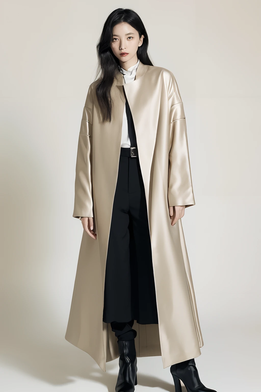 (Detailed Full Body RAW Pictures of Women: 1.5), ((masutepiece, of the highest quality, High Definition)), 1 girl, (Photorealistic: 1.4), Solo, Pure white background, Avant-garde makeup, (Geometric medium hair, Black hair color and blonde hair color: 1.4),(Modest fashion, Winter fashion, Vogue style, Yohji Yamamoto: 1.2)