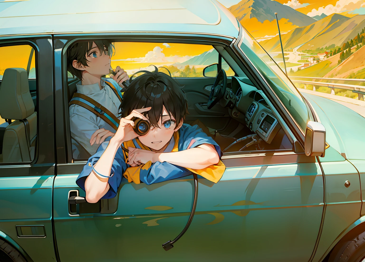 highways,Meandering,Cross the mountains,The sky is blue,The sun shines,Stretch endlessly,warm breeze,Ride freely,Two boy,binoculars。