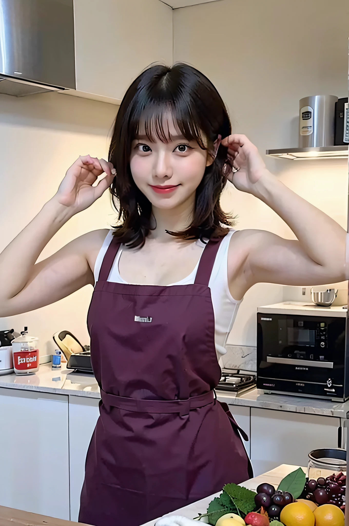 A woman cooking、(kitchin_aprons:1.Wear 3)、nice hand、4K、A high resolution、tmasterpiece、top-quality、wear cap:1.3、((hasselblad photograph))、Fine skin、foco nítido、(lighting like a movie)、Soft lighting、dynamic ungle、[:(详细的脸:1.2):0.2]、Medium chest、Sweat runs down the skin:1.2、(((In the kitchen))) Cute smile　Viewer's perspective　Colossal tits　tying  hair　Sleeveless　Extend your upper arm　Shoulders sticking out　cleanness　big kitchen　Beautiful kitchen　Wine glasses　posterior view　Behind　backs