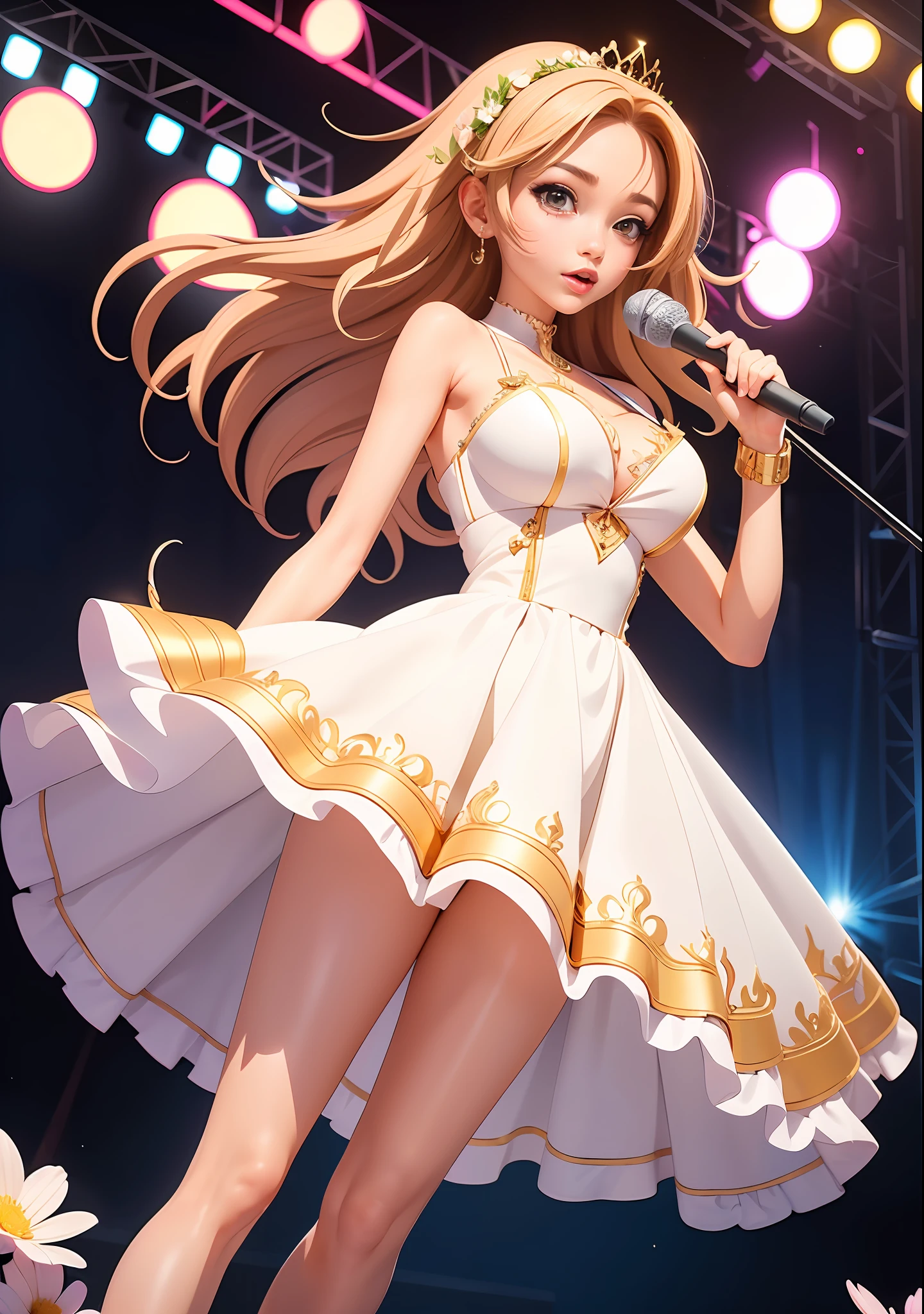 Masterpiece, Best quality, A high resolution, HMSL1, Medium hair, x hair ornamen, crown, pink flower, White dress, bridal garter, Bare shoulders, Wrist cuffs, frill dress, neck bowtie, Large breasts, Stage,  sky, Cowboy shot, Stand in the middle of the stage，holding microphone in hand，The shape of the microphone is cute，1girll，full bodyesbian，Slim and toned legs，White heels，The leather shoes have gold metal drapery，idoly，Stage costumes，be on stage，holding a mic，Neon stage，Projector lamp lighting，Stage background，Flowers bloom，Seven-color lights，(Masterpiece),(Best quality:1),(超高分辨率:1),the wallpaper, Detailed illustration, detailed beautiful skin, 1girll, Solo, Bikini, , Sexy, big breast, mini plaid skirt,