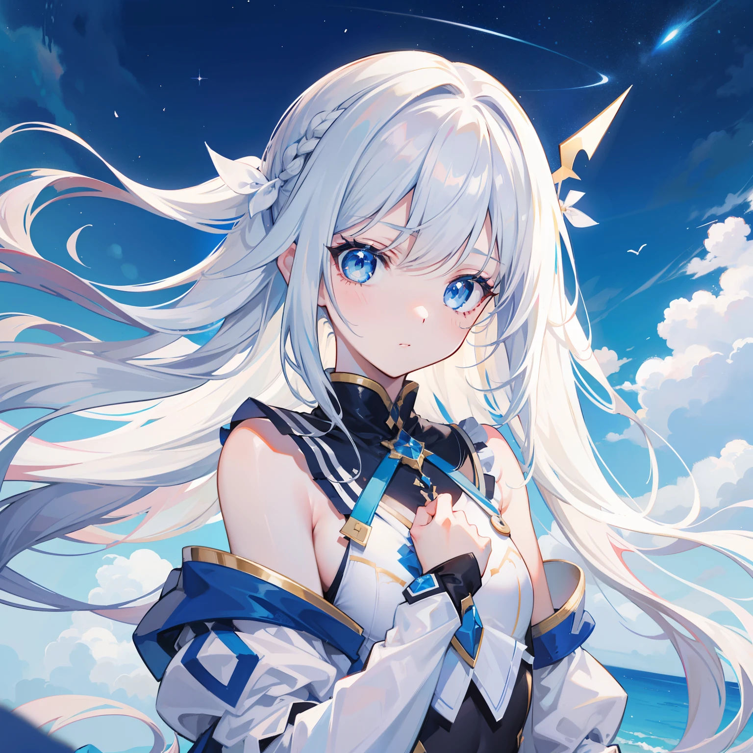 Extreme graphics，whaite hair，long whitr hair，teens girl，the sideview，Blue eyes，Flushed cheeks，is shy，Under the blue sky，Artistic picture，Facing the distance，Affectionate look，Bust，starrysky，White dress，Poor milk，Chestless clothing，Face to the left，Raised sexy，Tsundere