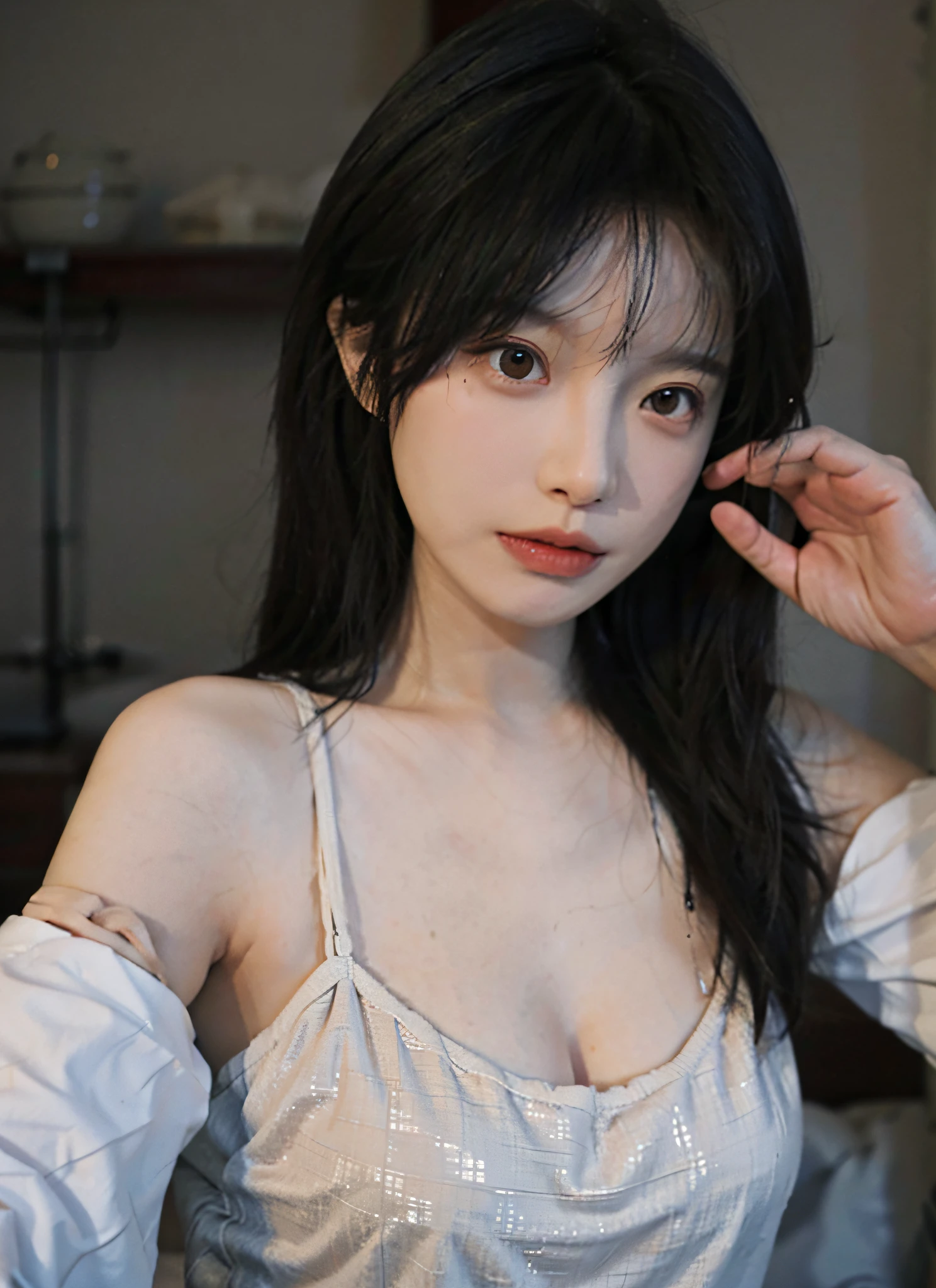 best qualtiy， 超高分辨率， （realisticlying：1.4）， one-girl， A pair of clear and moving eyes,Royal Sister，Snow-white school uniform， （big cleavage breasts：1.2）， looking at viewert， closeup cleavage ，