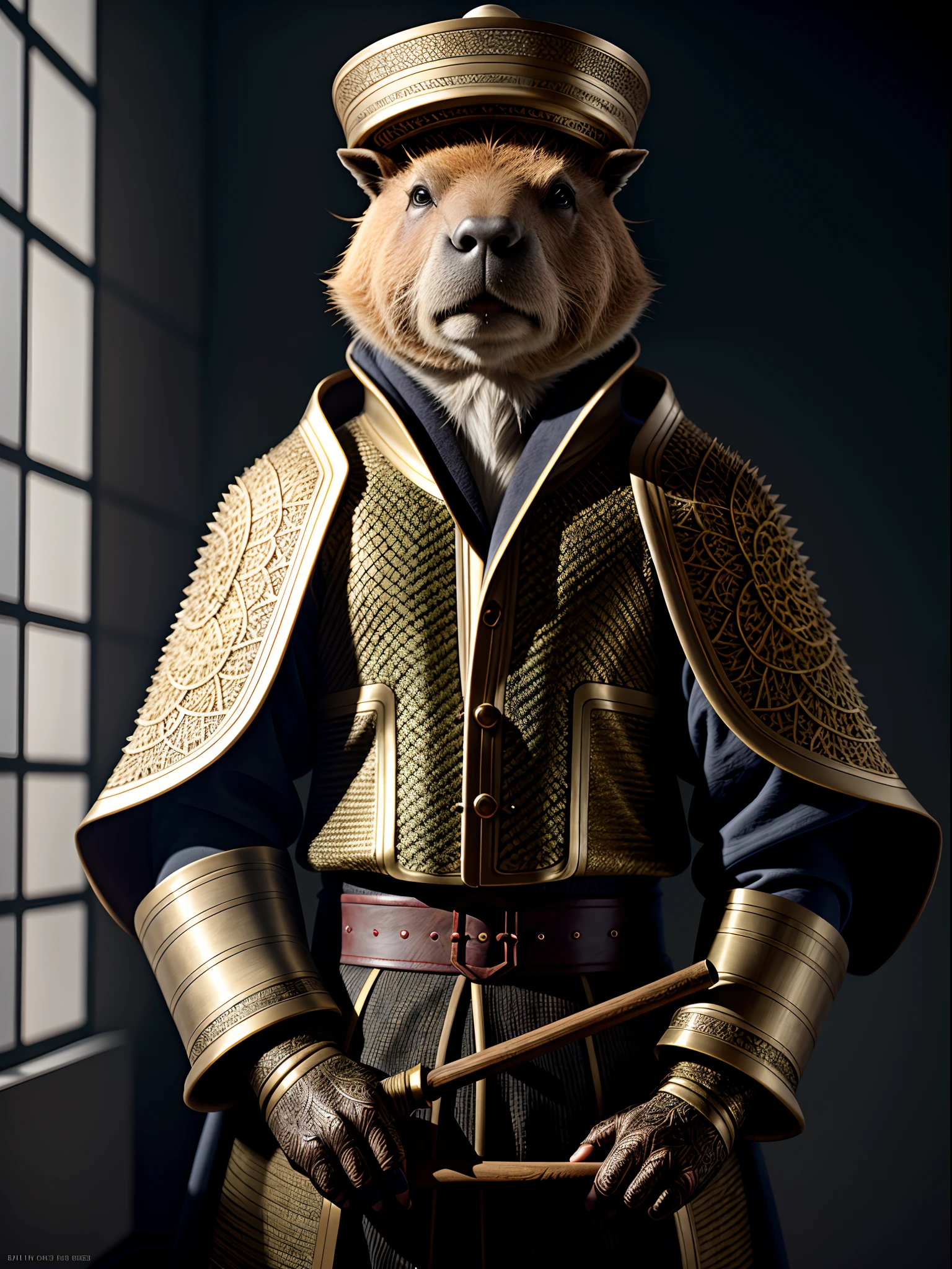 Close up of a capybara in a robe holding a cane, Capybara Warriors, Capybara with a hat, Robe and cane, Anthropomorphic capybara, Cute anthropomorphic capybara, wojtek fus, Fur armor, Fluffy, Wearing a capybara suit, hyperrealistic fantasy art, Wearing intricate fur armor、masterpiece, top-quality, in 8K , intricate detailes, ultra-detailliert , light Particle