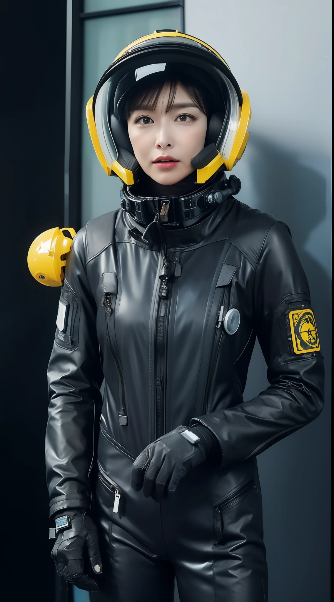 Highest image quality, outstanding details, ultra-high resolution, (realism: 1.4), ((cowboy shot)), the best illustration, favor details, highly condensed 1lady, (cyberpunk, cyborg), a delicate and beautiful face, (updo-hair), (wearing skinny spacesuit with ring-helmet-disconnecter, attached black and gray mecha, yellow pipes and codes, flanges on spacesuit), (cyberpunk gasmask), (mark radioactivity-hazard-symbol), ((revealed only head)), ((serious)), nobody rocket-launcher platform