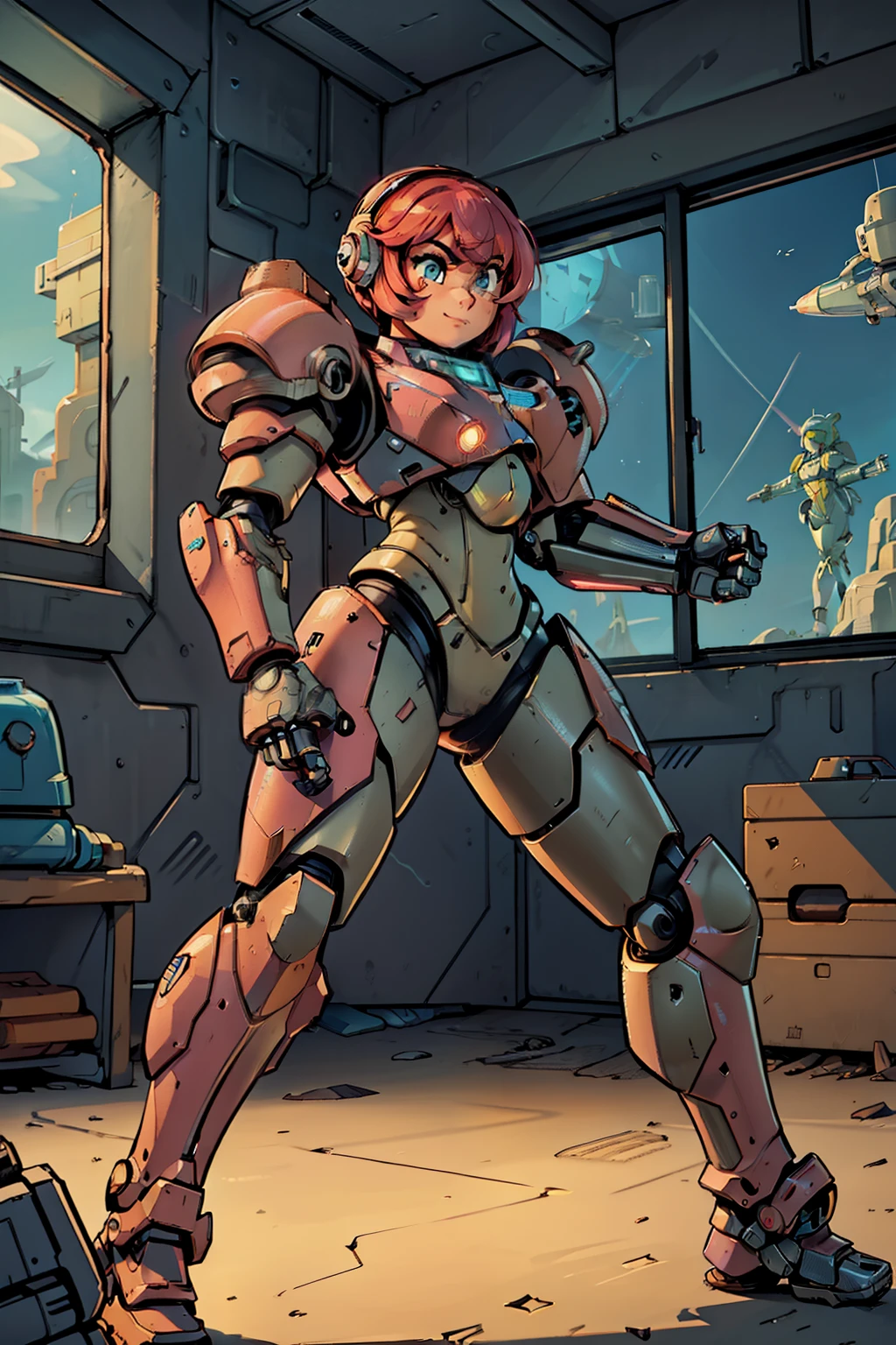 a cartoon picture of a woman in a futuristic suit with a gun, sexy, professional artwork, detailed eyes, beautiful eyes, beautiful face, flawless face, gorgeous face, smooth features, blush, thick thighs, beautifully detailed background, sci-fi, science fiction, future, neon lights, space ship interior, space ship, space, space visible through window, outer space, mechanical background, power armor, power suit, armored, armor, cyberpunk, cyborg, cyborg woman, cybernetics, cybernetic, robot, robotic arm, robotic leg, smiling, pixie cut, very short hair, neon pink hair, black armor, heavy armor, mecha suit, retro armor, bare metal armor, rust, dark armor suit, armor suit, metal breastplate, fully armored, full plate, power armor, fully covered, voluptuous, curvaceous, thicc, masamune shirow, three quarter view, sprinting