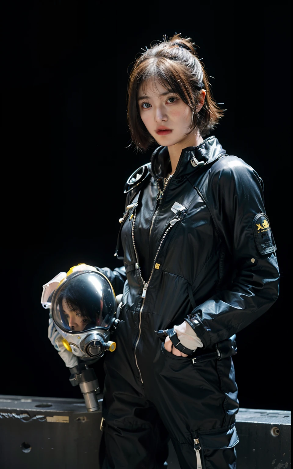 Highest image quality, outstanding details, ultra-high resolution, (realism: 1.4), ((cowboy shot)), the best illustration, favor details, highly condensed 1girl, (cyberpunk, cyborg), a delicate and beautiful face, (short hair), (wearing baggy spacesuit with ring-helmet-disconnecter, attached black and gray mecha, yellow pipes and codes, flanges on spacesuit), (cyberpunk gasmask), (mark radioactivity-hazard-symbol), ((revealed only head)), ((sorrow)), nobody rocket-launcher platform