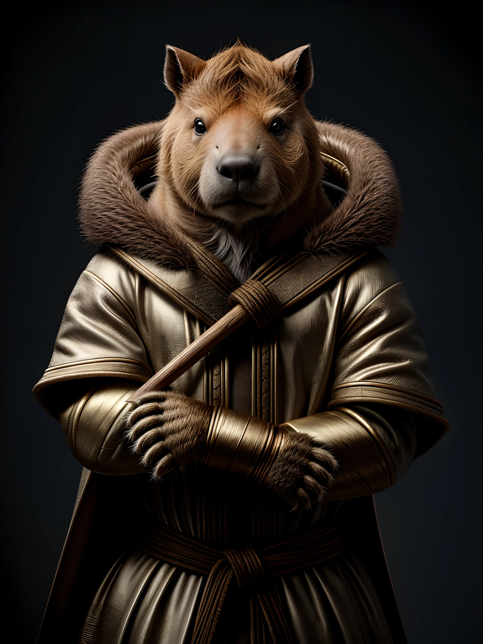 Close up of a capybara in a robe holding a cane, Capybara Warriors, Capybara with a hat, Robe and cane, Anthropomorphic capybara, Cute anthropomorphic capybara, wojtek fus, Fur armor, Fluffy, Wearing a capybara suit, hyperrealistic fantasy art, Wearing intricate fur armor、masterpiece, top-quality, in 8K , intricate detailes, ultra-detailliert , light Particle